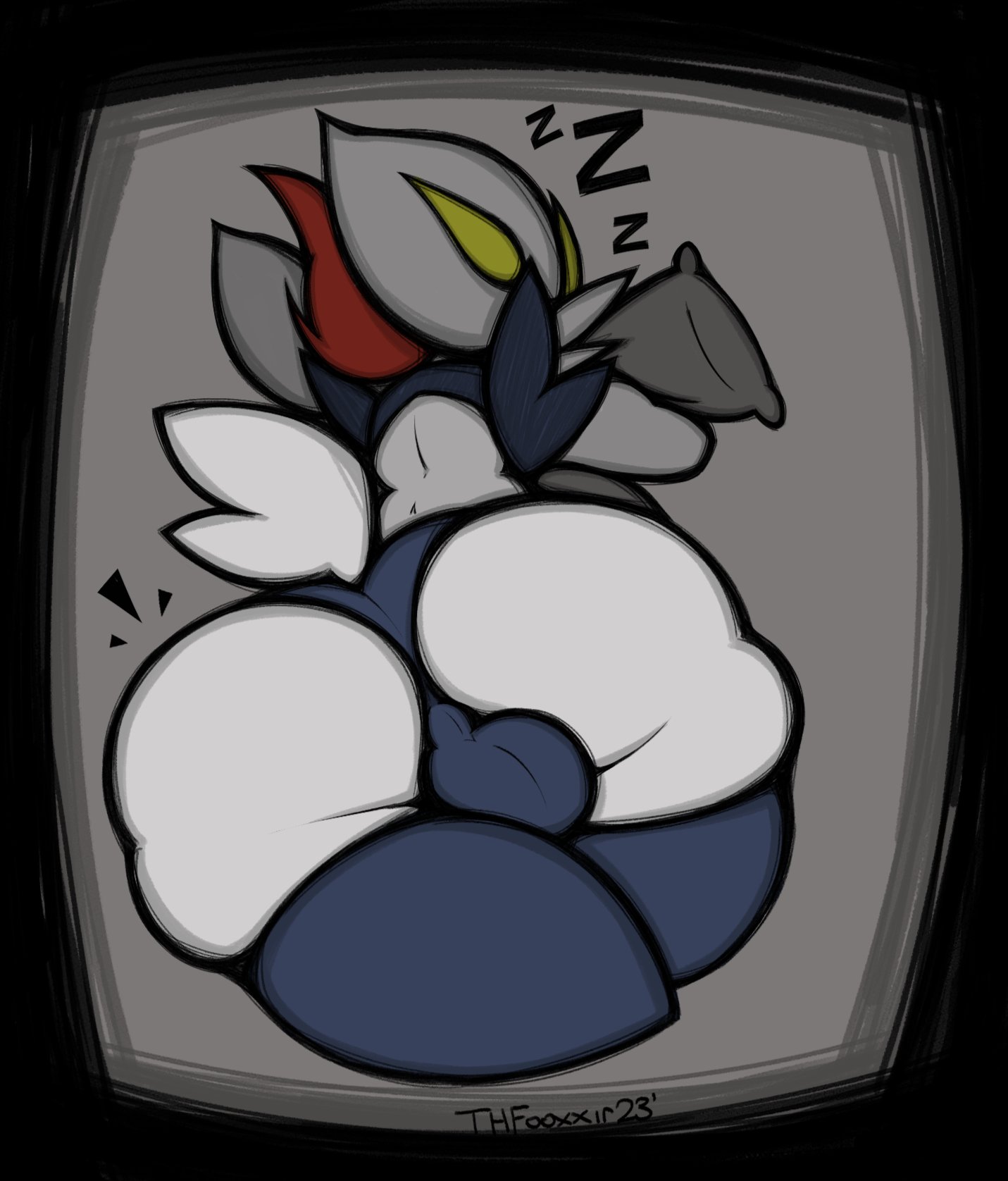 2023, anthro, arm tuft, ass, balls, balls bulge, big ass, big butt, blue clothing, blue legwear, blue thong, blue underwear, buckteeth, cinderace, clothing, crossdressing, crossdressing (mtf), crossdressing male, english description, femboy, gay, gay anal, generation 8 pokemon, grey background, hair, hi res, homosexual, homosexual male, hug, hugging object, hugging pillow, legwear, male, male focus, male only, male penetrated, male/male, nintendo, pillow, pillow shading, pokemon, pokemon (species), rear view, red hair, scut tail, short tail, shoulder tuft, simple background, sleeping, solo, sound effects, tail, teeth, thfooxxir, thick thighs, thong, tuft, underwear, vowelless, vowelless sound effect, zzz