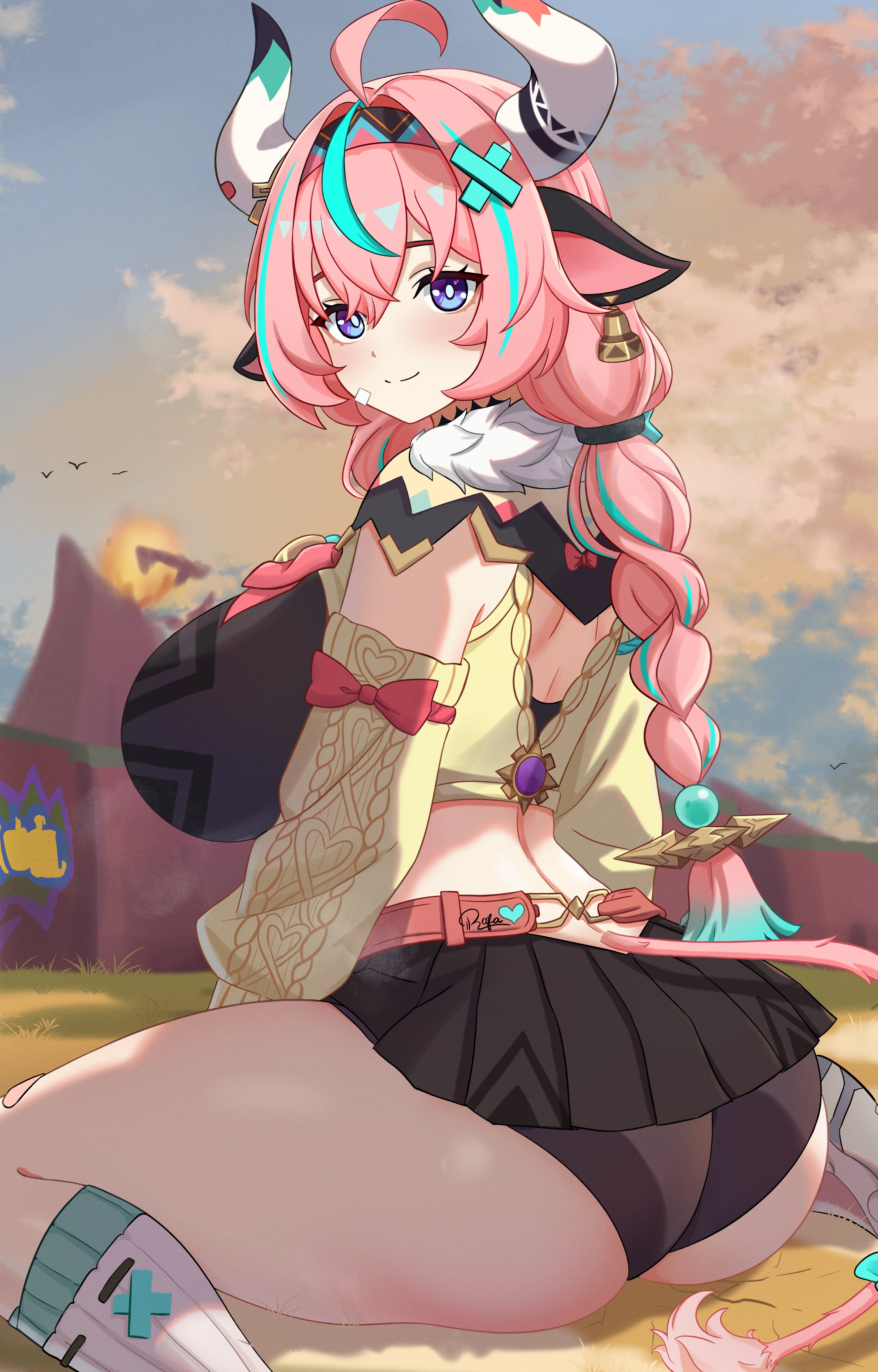 absurdres, ahoge, animal ears, aqua hair, ass, black panties, black skirt, blue eyes, bow, braid, breasts, closed mouth, commentary, cow ears, cow girl, cow horns, cow tail, crop top, detached sleeves, feet out of frame, female, female only, genshin impact, hair ornament, highres, horns, huge breasts, long hair, looking at viewer, looking back, midriff, miniskirt, multicolored hair, panties, pantyshot, pink hair, pink tail, pleated skirt, red bow, sitting, skirt, sky, sleeve bow, smile, socks, solo, streaked hair, string rafart, tail, twin braids, underwear, varesa (genshin impact), wariza, white socks, x hair ornament, yellow sleeves