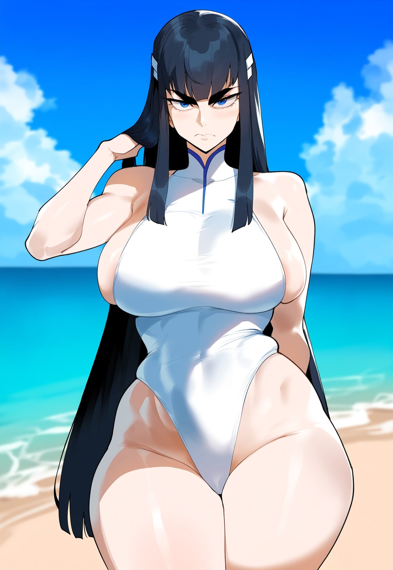 1girls ai_generated beach big_breasts black_hair blue_eyes breasts clothed creamy_ai curvy furrowed_brow hips kill_la_kill kiryuuin_satsuki large_breasts light-skinned_female long_hair looking_at_viewer paag skindentation solo swimsuit thiccwithaq_(ai_style) thick_eyebrows thick_thighs thighs voluptuous wide_hips