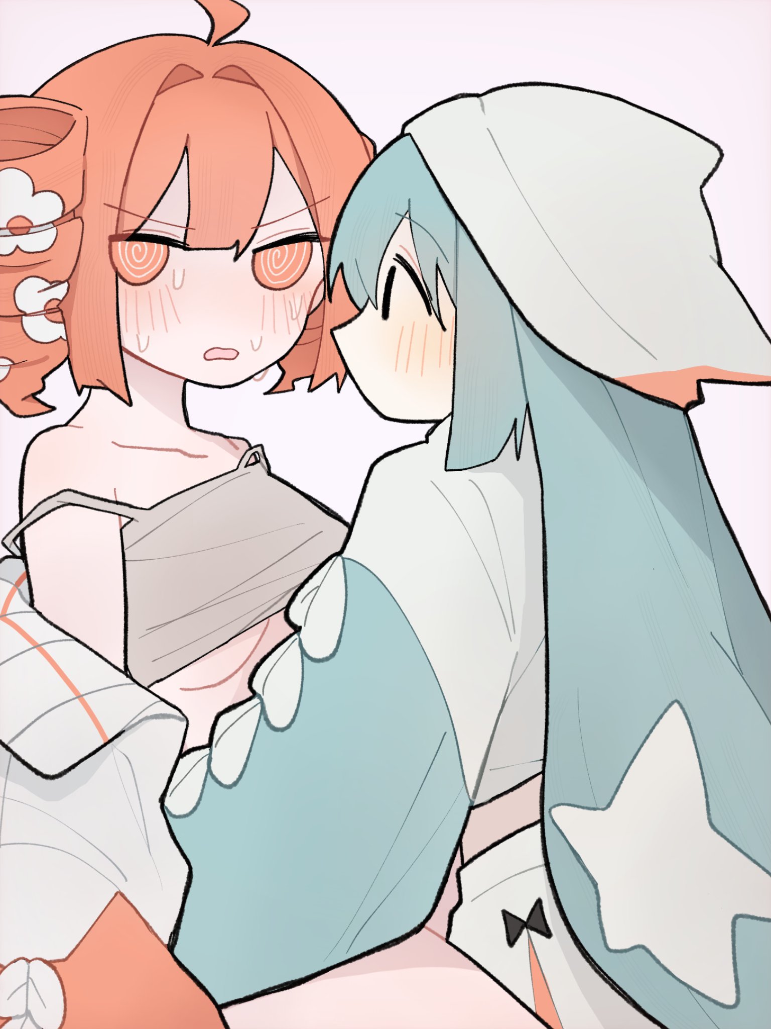2girls, ahoge, aqua hair, bare shoulders, blue eyes, blue hair, blush, breasts, camisole, ccitrus0, collarbone, dizzy eyes, drill hair, embarrassed, female, female focus, female only, hat, hatsune miku, kasane teto, long hair, looking at another, looking away, loose clothes, multiple girls, mv character, open mouth, orange eyes, orange hair, pixiv link, pppp (vocaloid), red eyes, red hair, spiral eyes, strap slip, sweat, sweatdrop, twin drills, twintails, twitter link, underboob, utau, very long hair, vocaloid, wobbly mouth, yuri