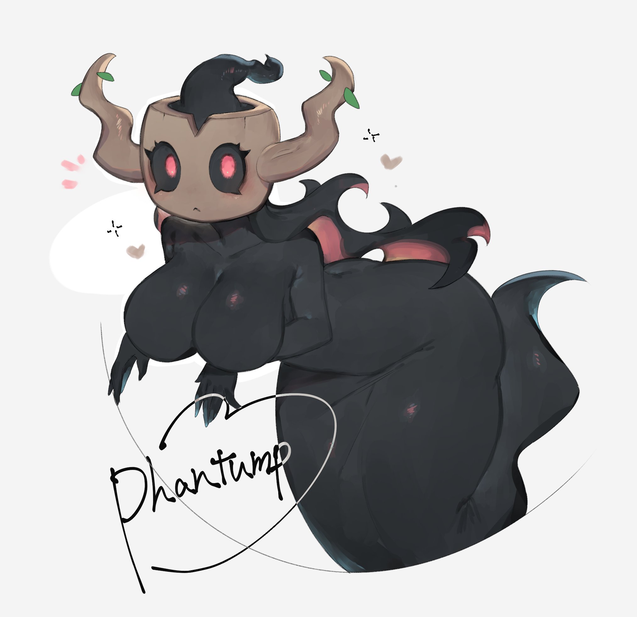 1girls, anthro, big breasts, black sclera, breasts, english text, female, female only, floating, generation 6 pokemon, ghost, hi res, looking at viewer, nintendo, phantump, pokemon, pokemon (species), red eyes, solo, text, toge77789, togetoge, white background