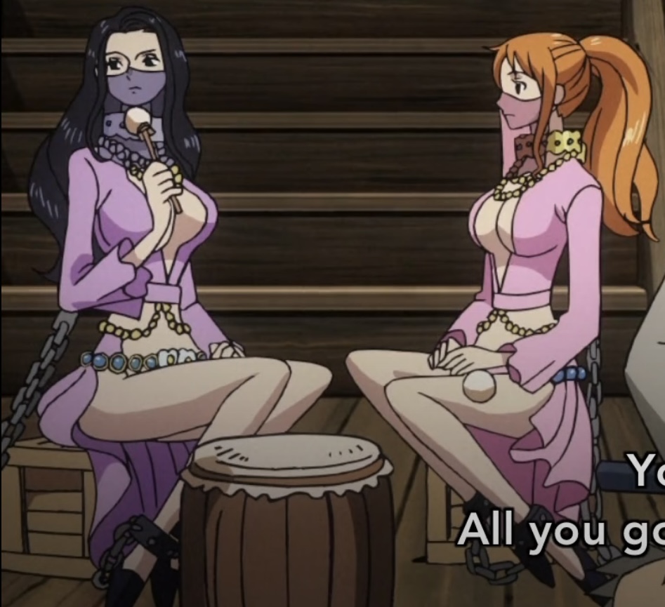 2010s anime anime_girl anime_screencap anime_style ankle_cuffs artist_request bare_legs bare_midriff bare_shoulders bare_thighs barefoot beaded_jewelry beaded_necklace beads belly_button belly_dancer belly_dancer_outfit big_breasts black_hair black_high_heels blue_eyes bracelet cat_burglar chain_leash chained chained_ankles chained_collar chained_together chained_up chains cleavage clothing collar dancer dancer_girl dancer_outfit drum drumsticks face_veil female female_only flower_belt flower_pattern ginger ginger_hair gold_(metal) gold_bracelets gold_collar gold_jewelry gold_necklace gold_neckwear golden_bracelets golden_collar golden_necklace golden_neckwear green_eyes harem harem_girl harem_jewelry harem_outfit high_heels highlights highlights_(coloring) inner_sideboob leash leash_and_collar leashed_collar light-skinned_female light_skin loincloth long_hair metal_collar midriff nami nami_(one_piece) navel necklace nico_robin one_piece orange_hair pink_loincloth pink_silk pirate ponytail purple_loincloth purple_silk purple_top purple_topwear screenshot see-through see-through_clothing see-through_veil sideboob silk silk_clothing silk_loincloth silk_top silk_veil slave slave_collar slave_outfit slavegirl thick_thighs veil