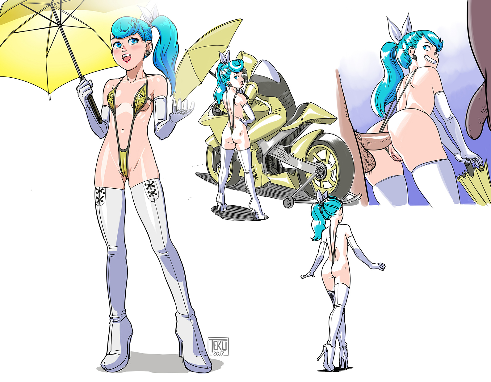 1girls, 2boys, anal, ass, bikini, blue hair, breasts, female, fuck me boots, full body, high heel boots, high heels, male, paddock girl, penis, ponytail, pussy, race queen, revealing clothes, sex, side ponytail, sling bikini, sling bikini aside, standing sex, tekuho