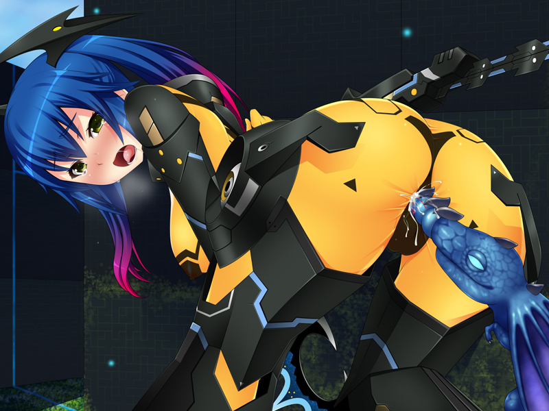 ass bent_over blue_hair blush bodysuit erect_nipples female gradient_hair gyarakushi_shokudou headgear long_hair looking_at_viewer multicolored_hair nose_blush object_insertion open_mouth orange_bodysuit outdoors phantasy_star phantasy_star_online phantasy_star_online_2 purple_hair skin_tight solo tears twintails vaginal_object_insertion vaginal_penetration yellow_eyes zelsius