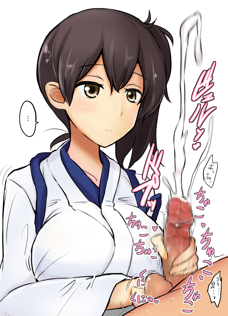 1boy big_breasts breasts brown_eyes brown_hair censored clothed_female_nude_male cum ejaculation expressionless female handjob kaga_(kantai_collection) kantai_collection large_breasts mosaic_censoring nude penis poshi_(ginmokusei) prostate_milking side_ponytail simple_background small_penis testicles white_background