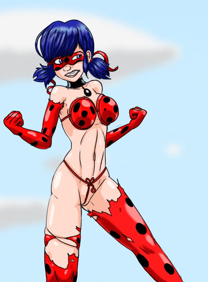 1girls between_labia breasts crotch_rope female innie_pussy ladybug_(character) marinette_cheng marinette_dupain-cheng miraculous_ladybug mortified pussy slim solo straight_hair text torn_clothes unconventional_clothes worried