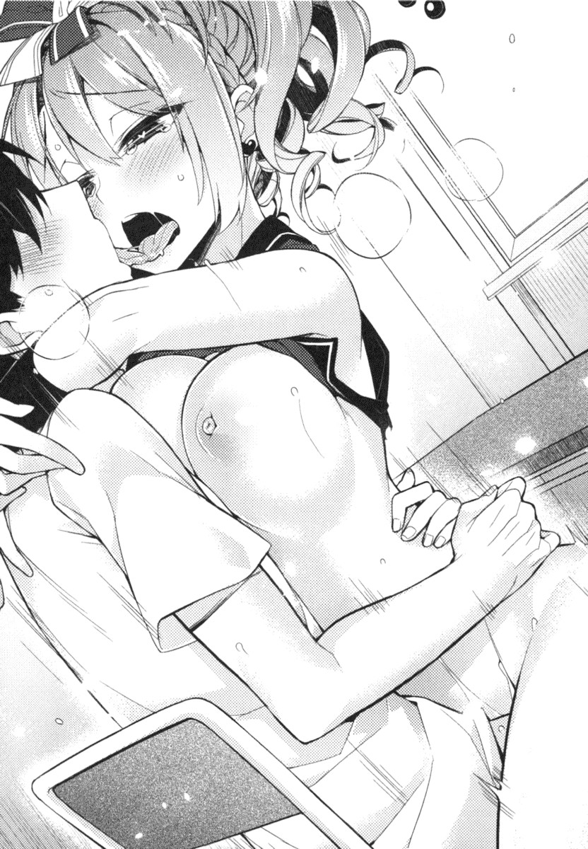 1boy blush boku_no_kanojo_wa_shojo_bitch_seito_kaichou!? bouncing_breasts breasts clothed_male_nude_female desk female functionally_nude giuniu greyscale hairbow hug large_breasts monochrome novel_illustration school_desk sex straddling tears tongue_out