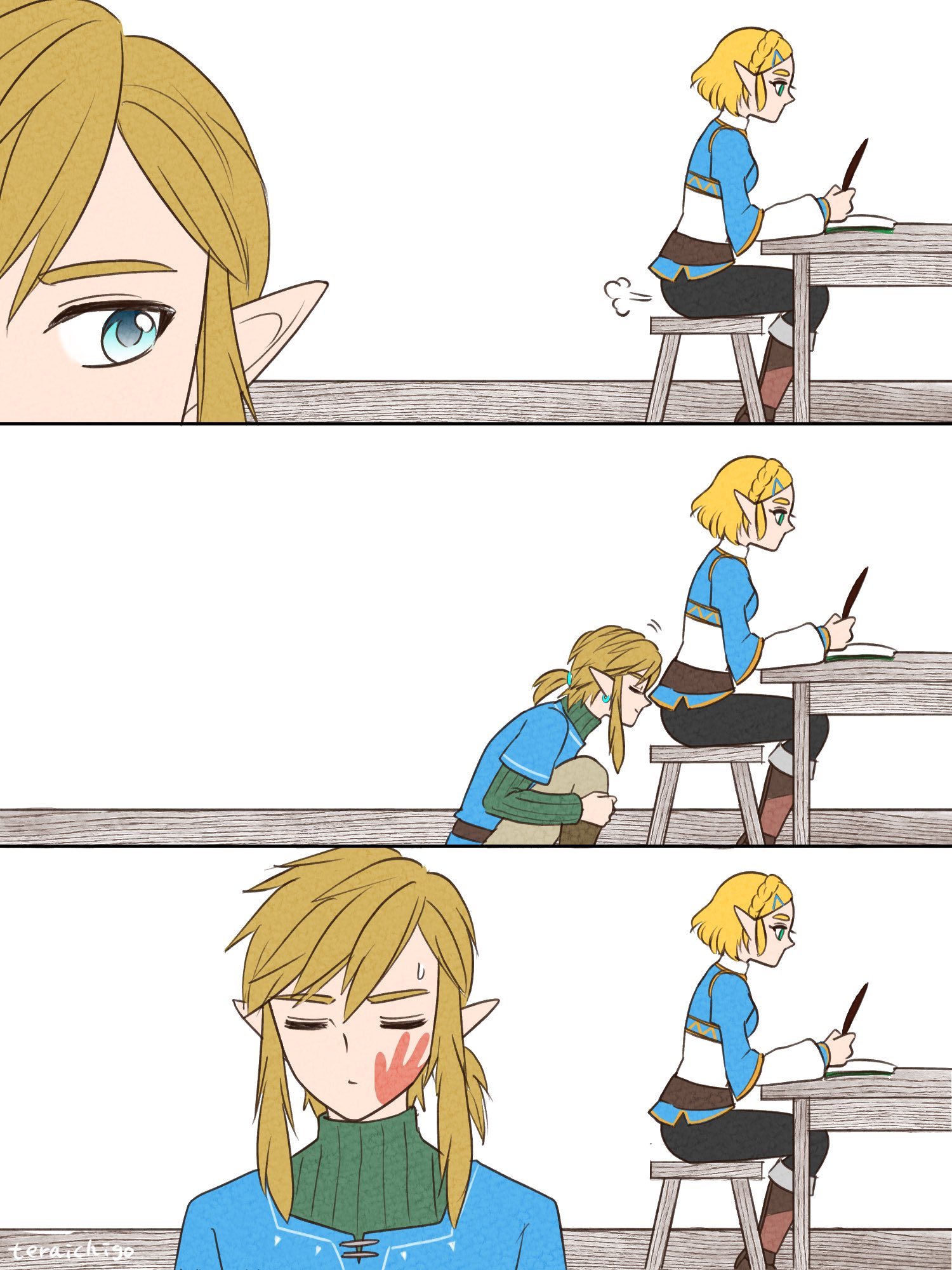 1boy, 1girls, ass, blonde hair, clothed, comic, enjoying farts, fart, fart cloud, fart sniffing, female, funny, humor, link, male, nintendo, pointy ears, princess zelda, short hair, sitting, slap, slap mark, sniffing, sniffing ass, tears of the kingdom, teraichigo, the legend of zelda, zelda (tears of the kingdom)