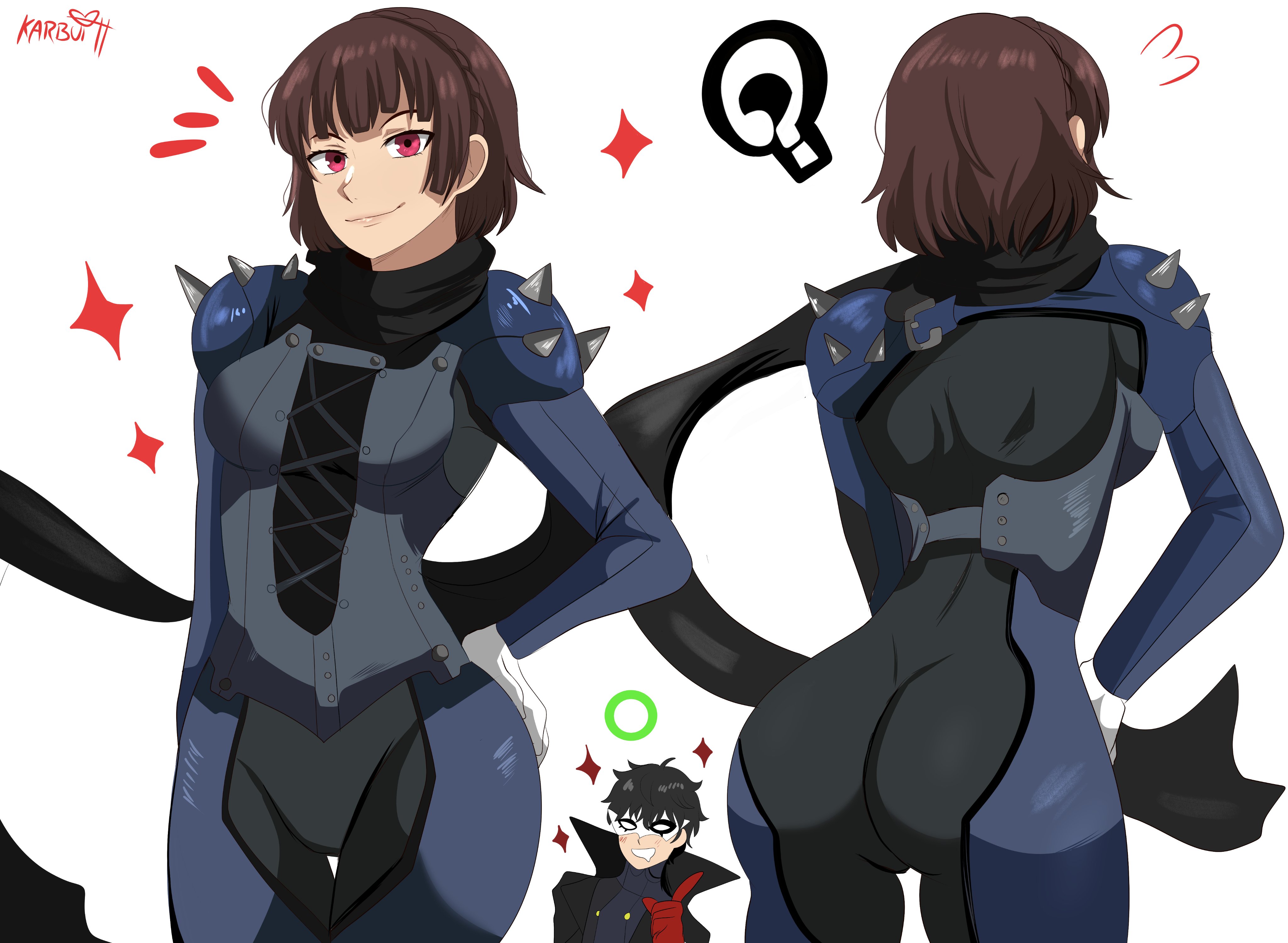 1boy, 1girls, ass, ass focus, back view, big ass, bodysuit, bottom heavy, breasts, brown hair, brunette, bubble ass, bubble butt, curvy, curvy figure, female, female focus, grin, grinning at viewer, karbuitt, looking at viewer, makoto niijima, makoto niijima (queen), male, persona, persona 5, phantom thief suit, red eyes, ren amamiya, round ass, scarf, short hair, skin tight, small breasts, spikes, thick thighs, thighs, tight clothing