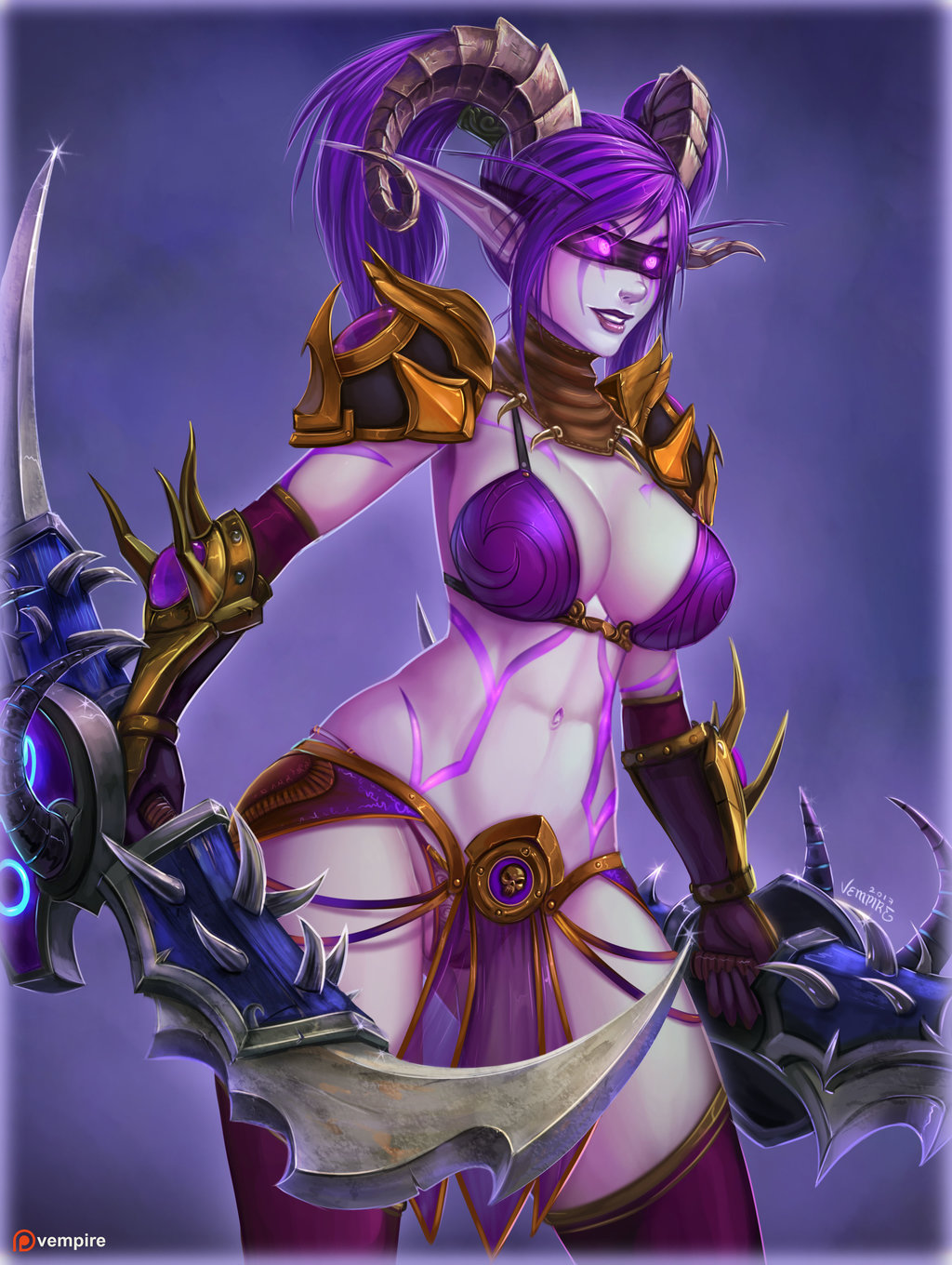 2017 big_breasts blindfold breasts demon demon_hunter elf eyebrows eyelashes female gloves glowing glowing_eyes highres holding_object holding_weapon horns humanoid knife_ears long_ears melee_weapon night_elf nilania panties pointy_ears purple_eyes purple_hair pussy see-through shoulder_pads simple_background skimpy smile solo standing tattoo translucent twintails underwear vempire warcraft weapon world_of_warcraft