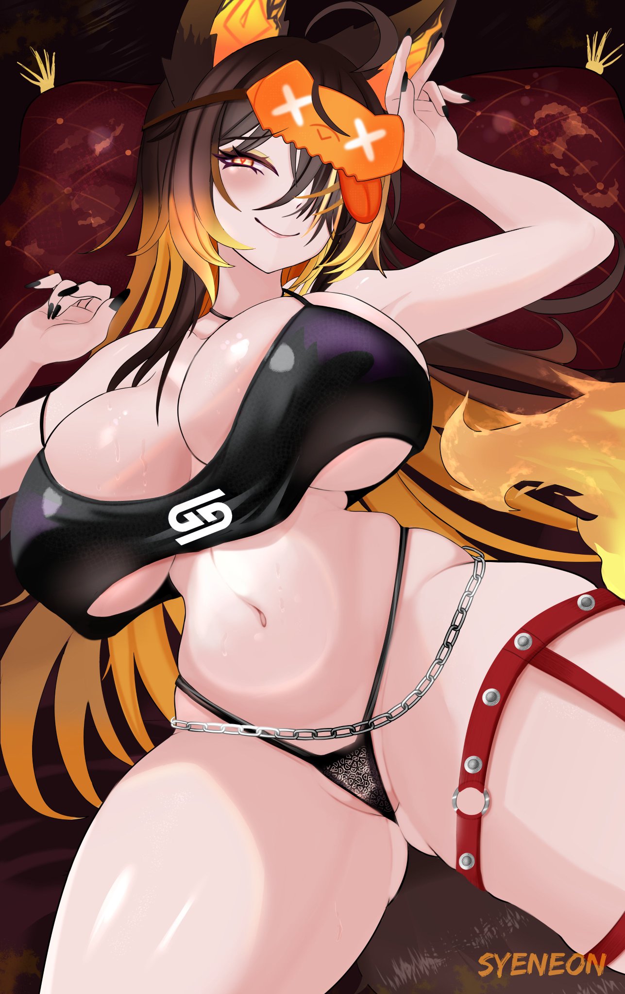 1girls, animal ears, ass visible through thighs, big breasts, black nails, black panties, black tank top, black thong, blindfold on head, breasts, brown hair, choker, cleavage, company logo, english commentary, female, female only, fiery ears, fiery tail, furry, g-string, gamer supps, gamersupps, hair over one eye, hellhound, highleg, highleg panties, highres, indie virtual youtuber, large breasts, long hair, looking at viewer, multicolored hair, nail polish, navel, orange blindfold, orange eyes, orange fire, orange hair, panties, print tank top, sinder (vtuber), sinder (vtuber) (pyro pajamas), sleep mask, smile, solo, spikes, streaked hair, syeneon, tail, tank top, thong, twitch, twitter, underwear, virtual youtuber, wolf, wolf ears, wolf girl, wolf tail, youtube