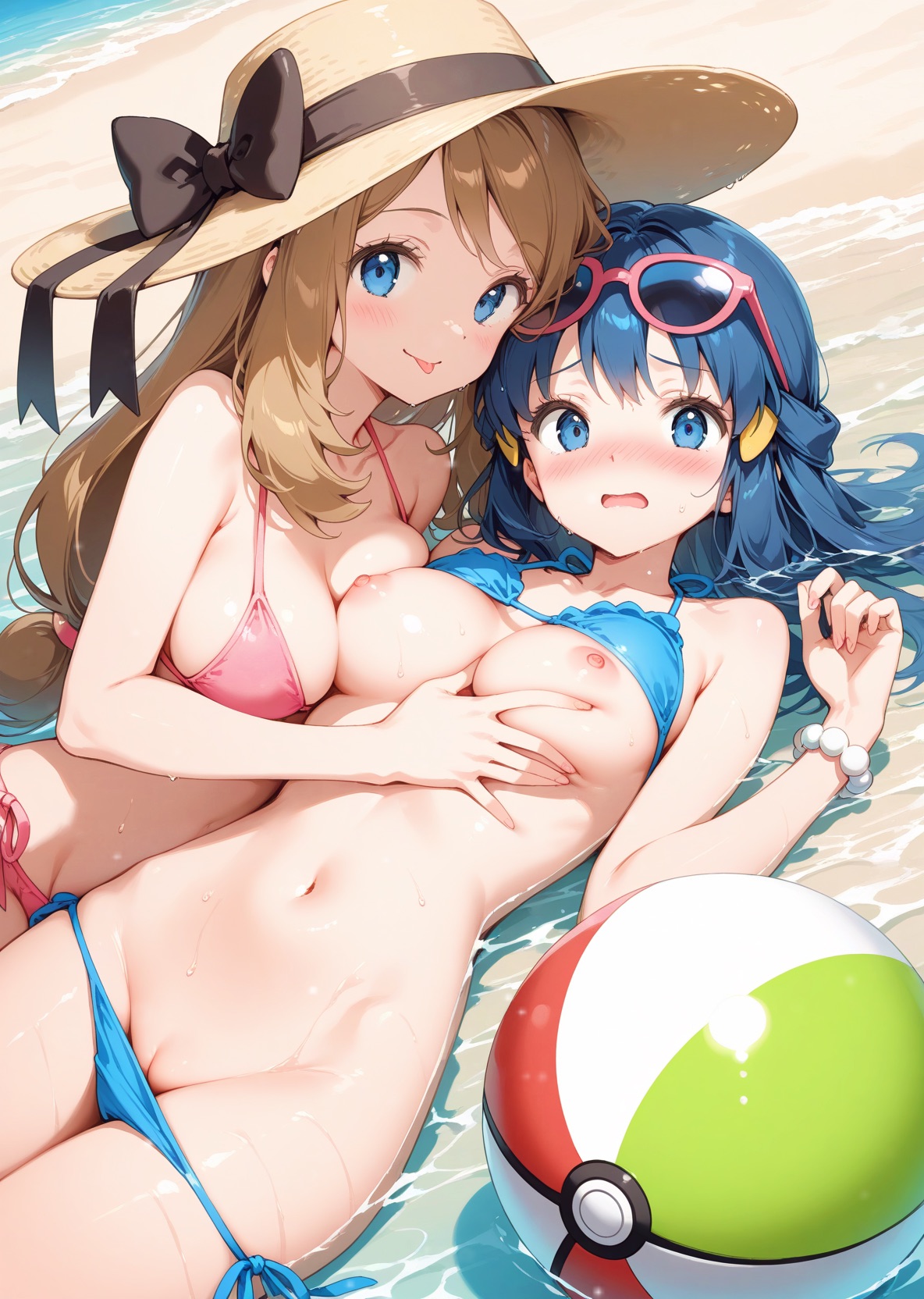 2girls, ai generated, beach, beach ball, bikini, blue eyes, blue hair, boobs, breast squeeze, breasts, breasts out, brown hair, dawn (pokemon), embarrassed, female, glasses, hair, hat, panties, pokemon, serena (pokemon)