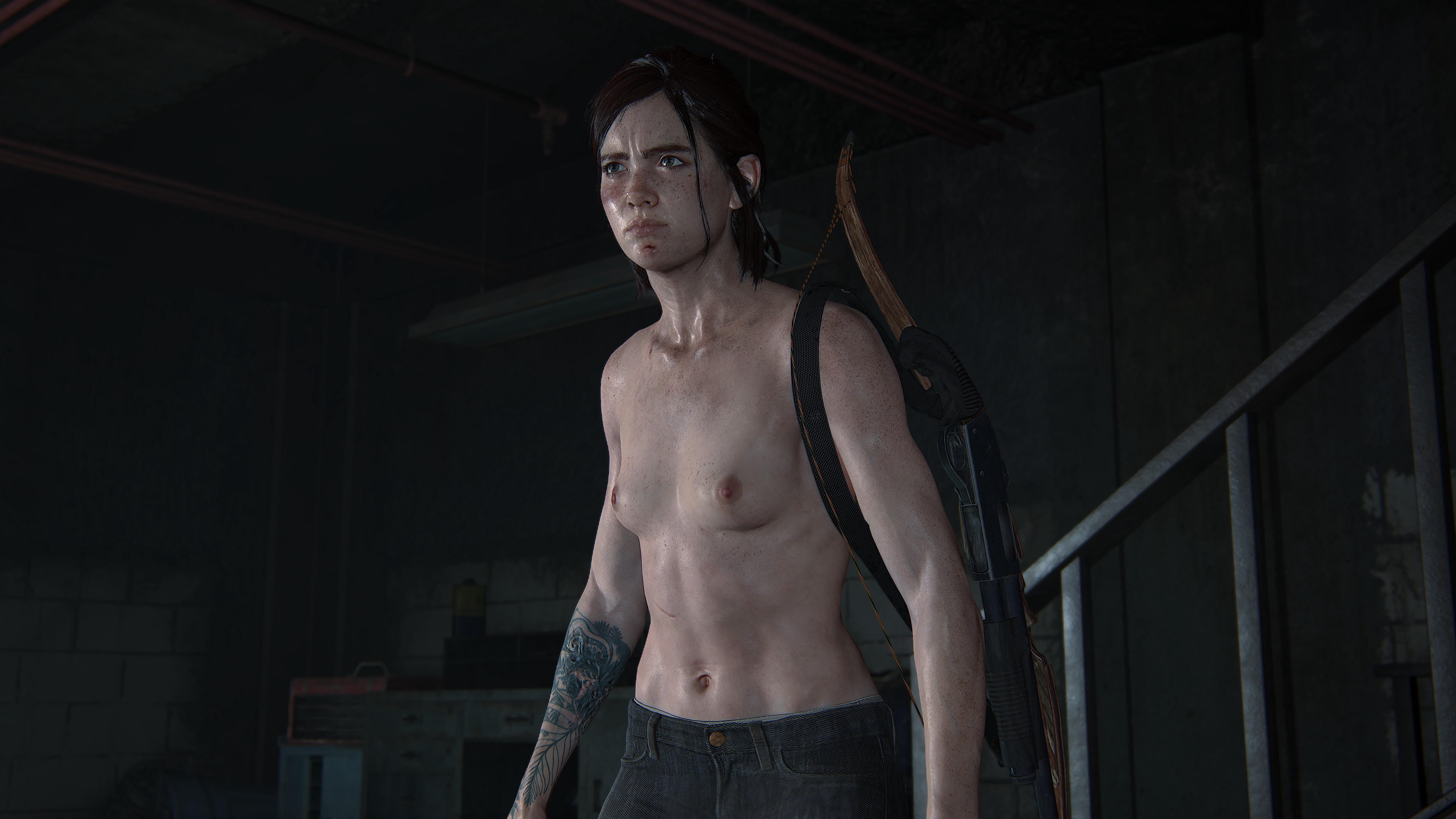 1girls, 3d, abs, accurate art style, breasts, brown hair, casual, clothing, detailed background, ellie (the last of us), ellie williams, female, female only, firearm, gun, hair, human, jeans, mod, nipples, nude filter, nude mod, official style, pale skin, pants, pants only, partially clothed, realistic, scar, screencap, shirtless, shotgun, skinny, slim, small breasts, standing, tactical nudity, tattoo, the last of us, the last of us 2, tomboy, toned, toned body, toned female, topless, topless jeans, video games, vyet3d, weapon