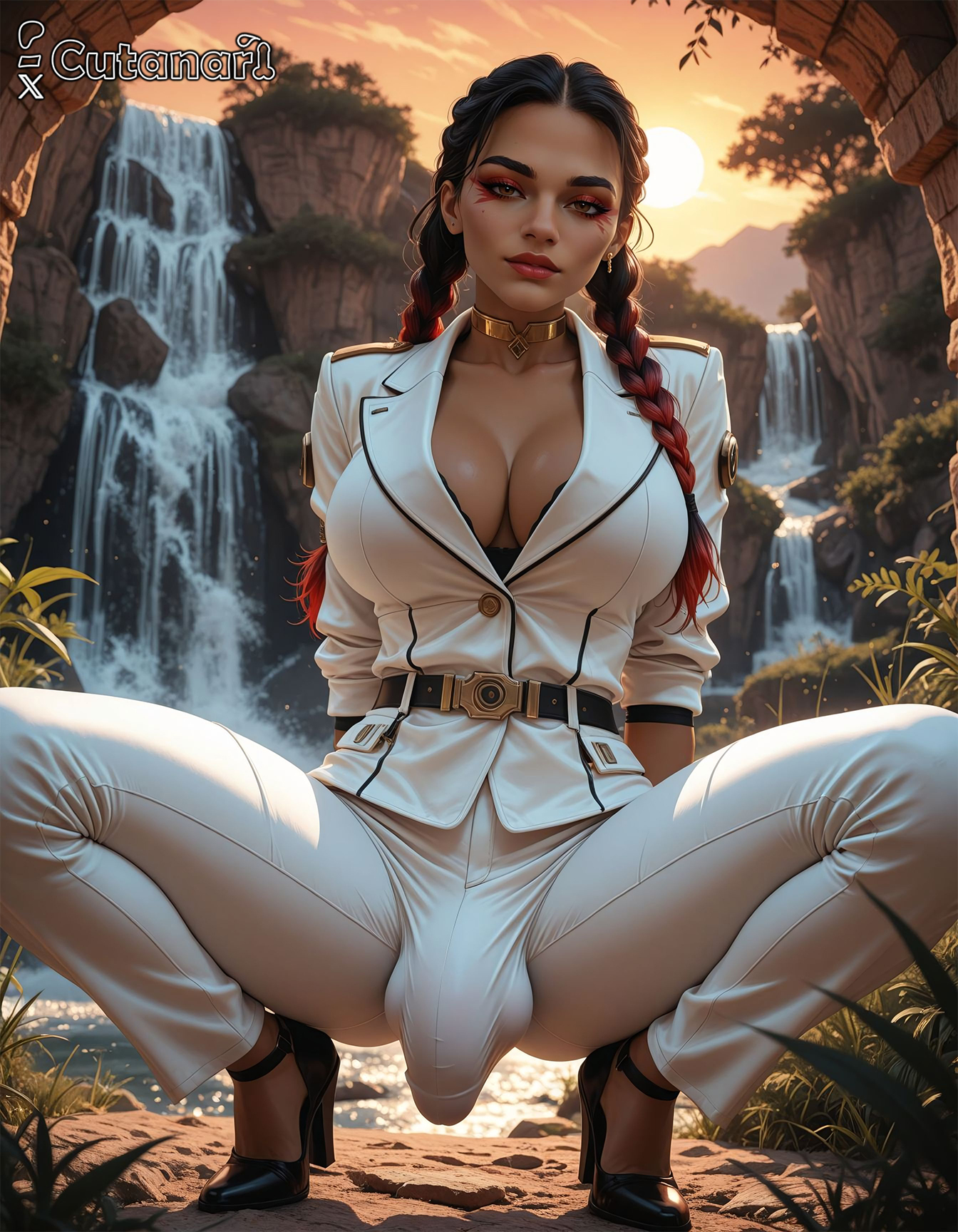 1futa, abs, ai generated, apex legends, balls, big balls, big breasts, breasts, bulge, bulge through clothing, bulge under clothes, covered abs, curvy, cutanari, dickgirl, futa only, futa sans pussy, futanari, intersex, loba (apex legends), looking at viewer, nipples, nude, penis, perfect body, pigtails, ready to fuck, small waist, smile, solo, tan skin, testicles