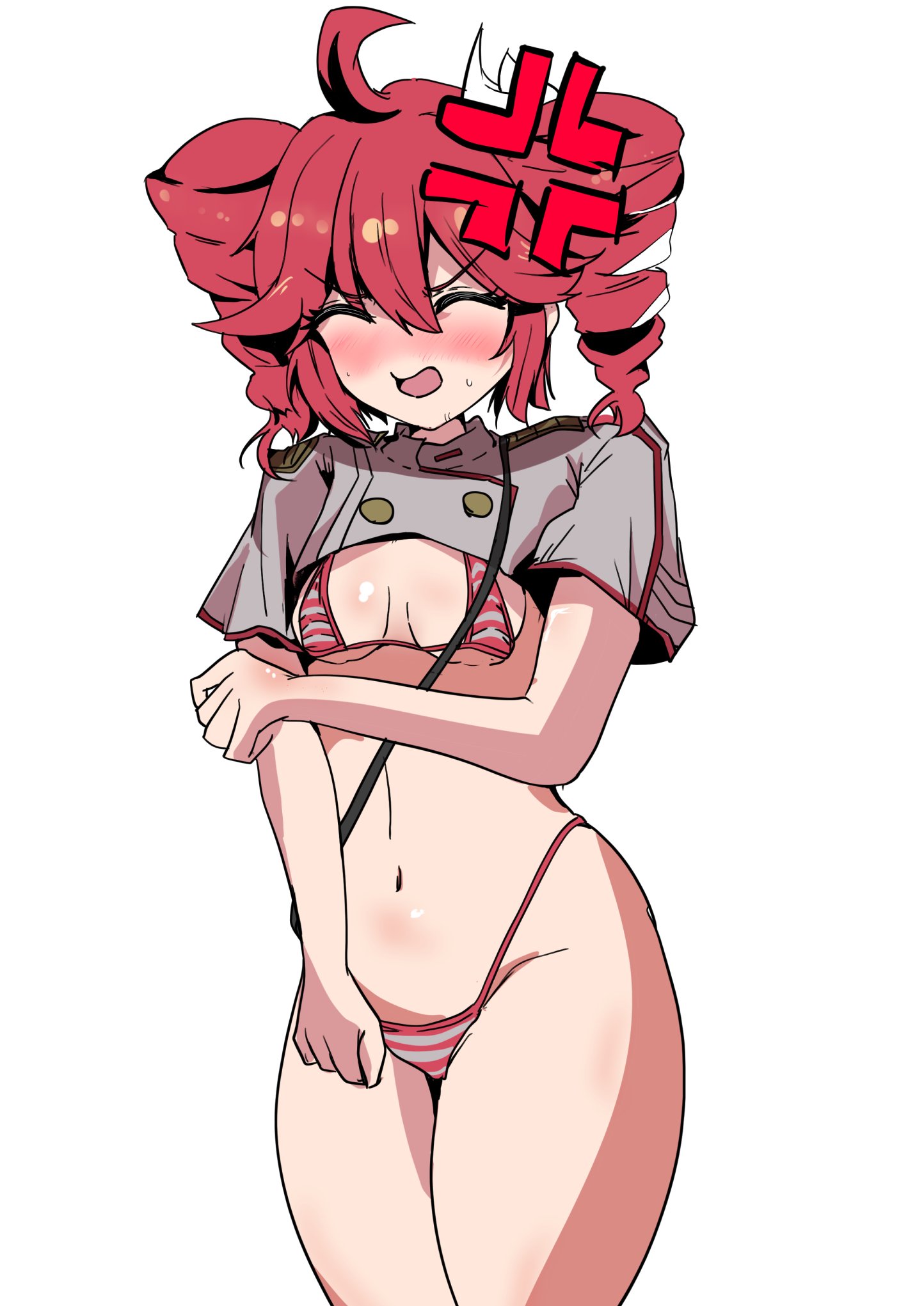 1girls, 2d, 2d (artwork), ahoge, angry, angry vein, belly, bikini, blush, breasts, closed eyes, crop top, cropped jacket, embarrassed, embarrassed female, female, female only, hair ornament, hairbow, kasane teto, kasane teto (sv), micro bikini, mirano910, navel, red hair, shiny skin, small breasts, solo, solo female, striped bikini, synthesizer v, thick thighs, thighs, twin drills, utau, white background, wide hips