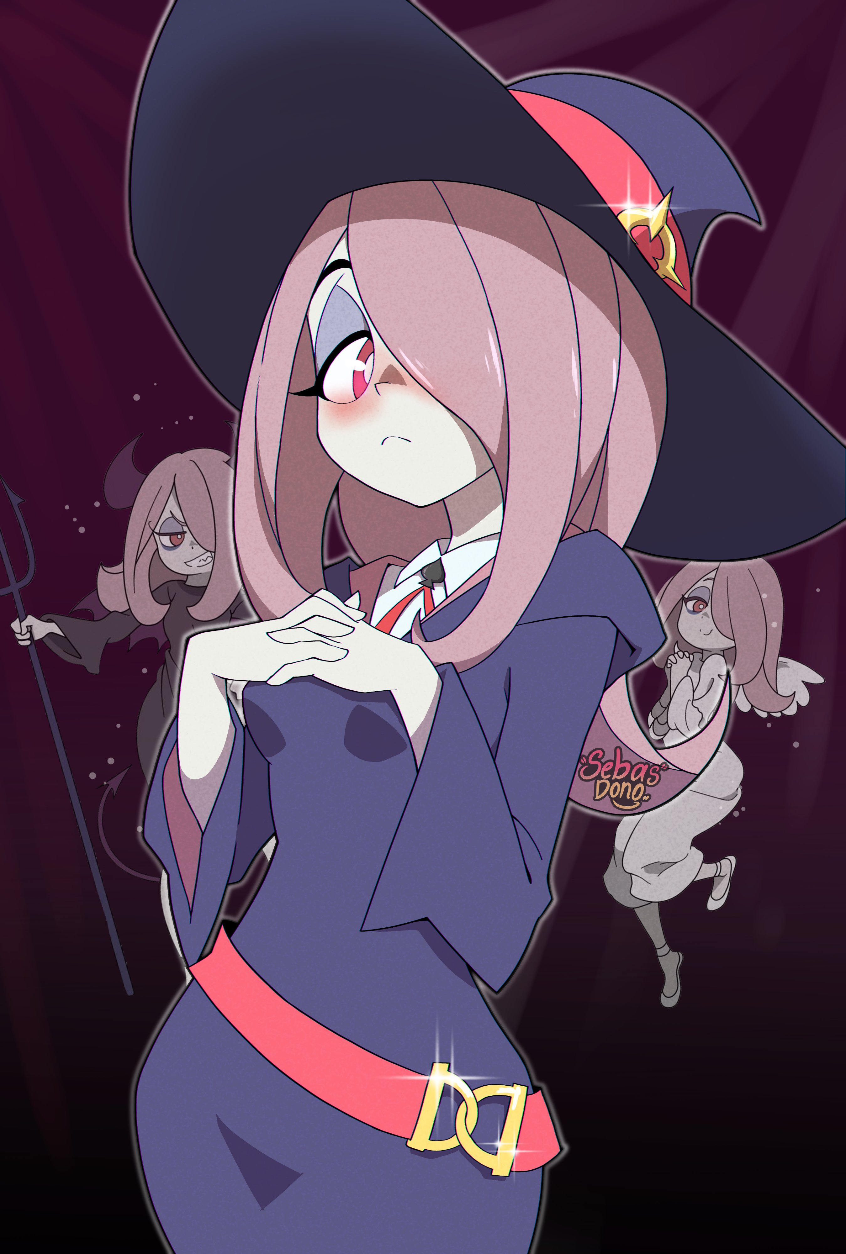 1girls, angel, blush, clothing, devil, embarrassed, female, female only, hair over one eye, light skin, light-skinned female, little witch academia, pale skin, pale-skinned female, pink hair, sebasdono, solo, sucy manbavaran, witch hat