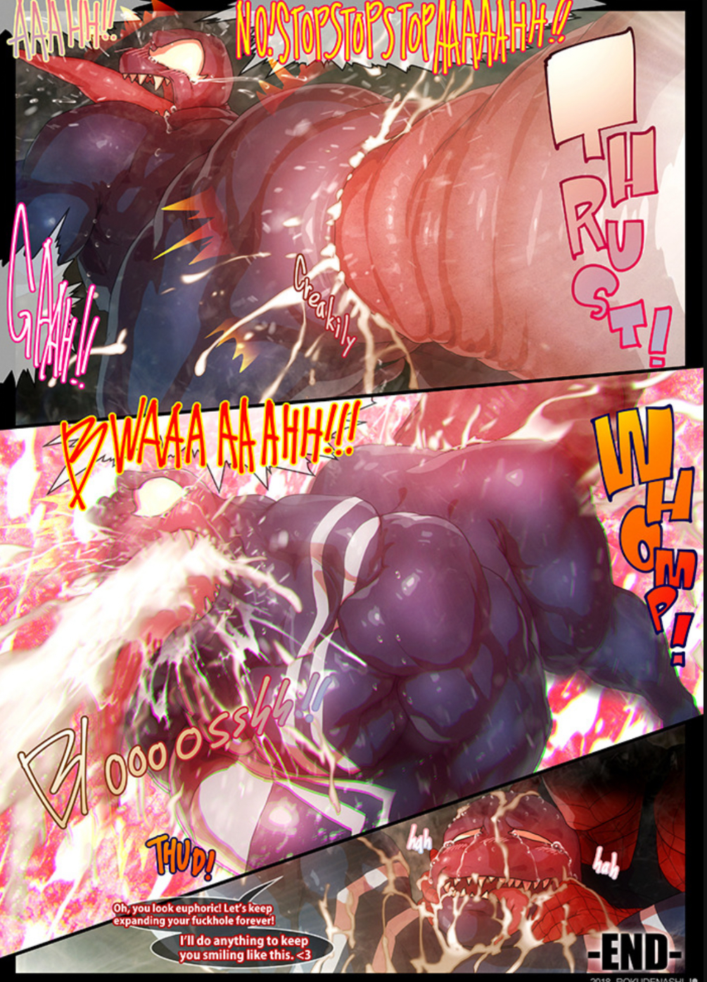 anal anal_sex bara cum cum_from_ass cum_from_mouth cum_inflated_belly cum_inside cum_through gay gay_anal gay_domination gay_sex huge_cock hyper_penis impossible_fit inflation male male/male male_only male_penetrated male_penetrating marvel marvel_comics penis peter_parker revenge rokudenashi sadism sex_slave spider-man spider-man_(series) stomach_bulge stomach_deformation tongue tongue_out venom_(marvel)