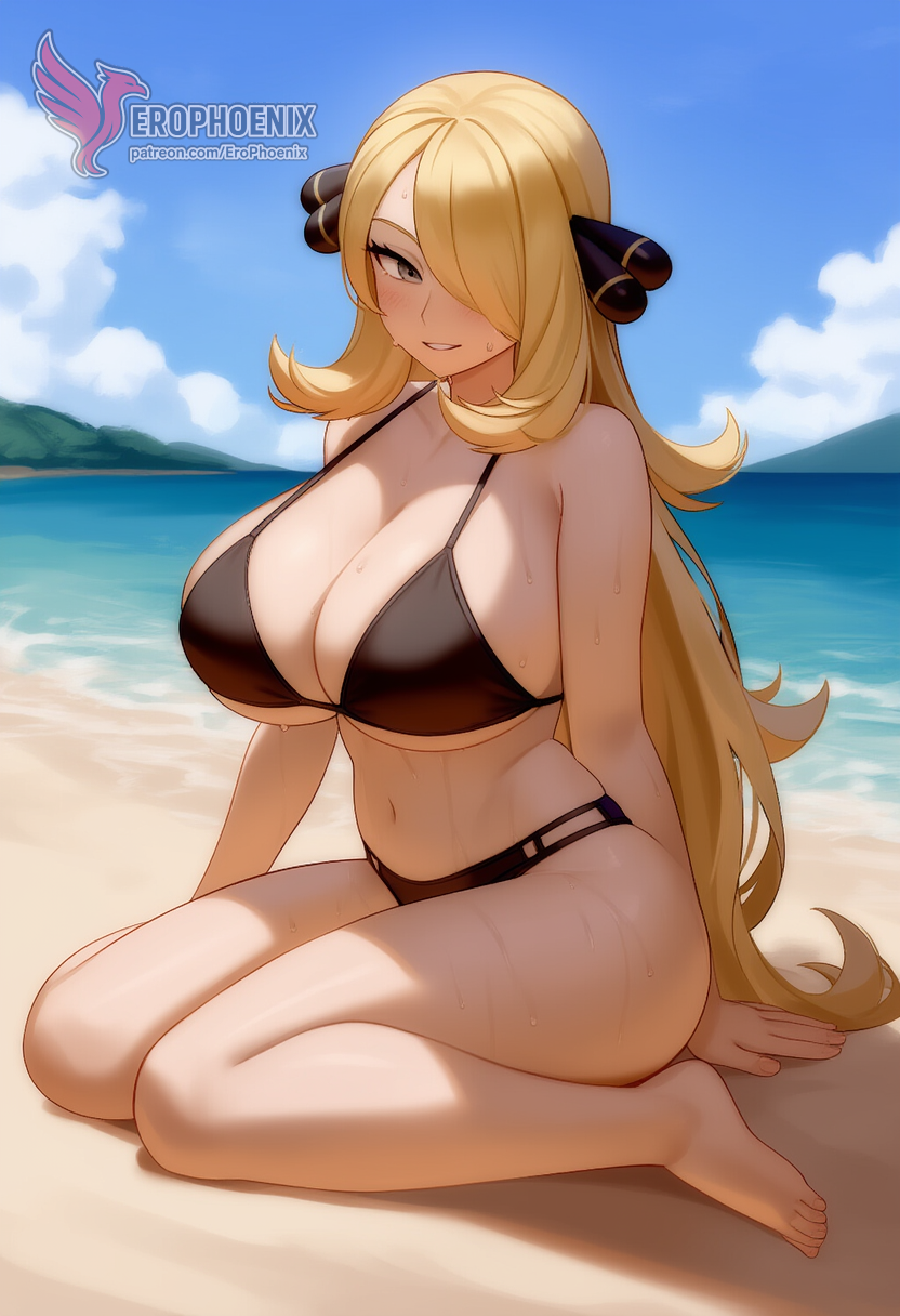 1girls 2d ai_generated ass barefeet beach big_ass big_breasts bikini blonde_hair breasts cynthia_(pokemon) erophoenix feet female female_focus full_body long_hair looking_at_viewer looking_back milf nintendo nude older_woman pale_skinned_female patreon_username pokemon pokemon_dppt smile soles solo solo_female sweat swimsuit thick thick_thighs toes uncensored voluptuous