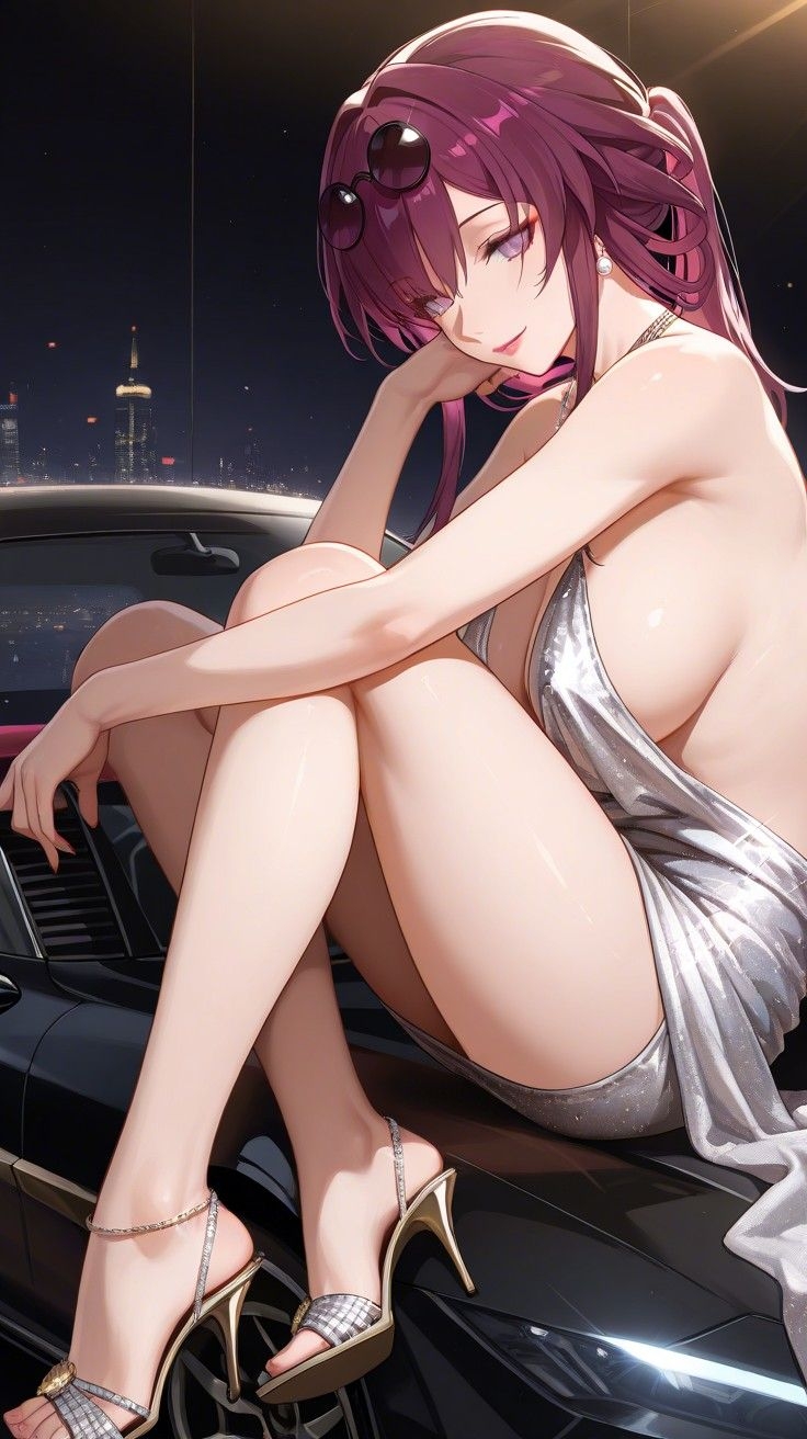 1girls, ai generated, alluring, ankles, azur lane, background, backless outfit, bangs, bare arms, bare legs, bare shoulders, big breasts, breasts, car, city, cleavage, commentary request, cosplay, curtains, dress, earrings, elegant, feet, female, female focus, female only, hair, high heels, honkai (series), honkai: star rail, hoyoverse, kafka (honkai: star rail), large breasts, leg up, legs, legs up, lia the busty redhead, lipstick, long eyelashes, long hair, looking at viewer, magenta eyes, magenta hair, makeup, mature, mature female, night, no bra, no panties, ponytail, pose, posing, seductive, seductive look, seductive pose, seductive smile, self upload, sexy, sexy pose, sideboob, sitting, sitting on car, skimpy, skimpy clothes, skyscraper, solo, solo female, solo focus, st. louis (luxurious wheels) (azur lane) (cosplay), suggestive, suggestive look, suggestive pose, sunglasses, sunglasses on head, tagme, thighs, tied hair, toes