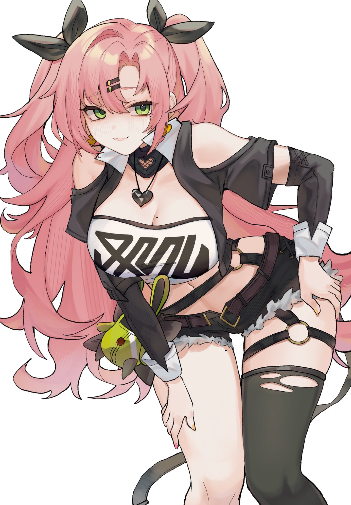 :3, amillion (zenless zone zero), bangboo (zenless zone zero), bare shoulders, belt, bent over, black jacket, black shorts, breasts, cleavage, closed mouth, clothed, clothing, clothing cutout, commentary, crop top, detached sleeves, female, fur trim, green eyes, hair ornament, hair ribbon, hairclip, hand on own hip, hand on own thigh, highres, jacket, jewelry, large breasts, long hair, long sleeves, looking at viewer, micro shorts, midriff, mole, mole on breast, mole on thigh, mole under eye, mugripley, navel, necklace, nicole demara, open clothes, open jacket, parted bangs, pink hair, ribbon, shirt, shorts, shoulder cutout, simple background, single thighhigh, smile, solo, thighhighs, thighs, torn clothes, torn thighhighs, two side up, very long hair, white background, white shirt, zenless zone zero