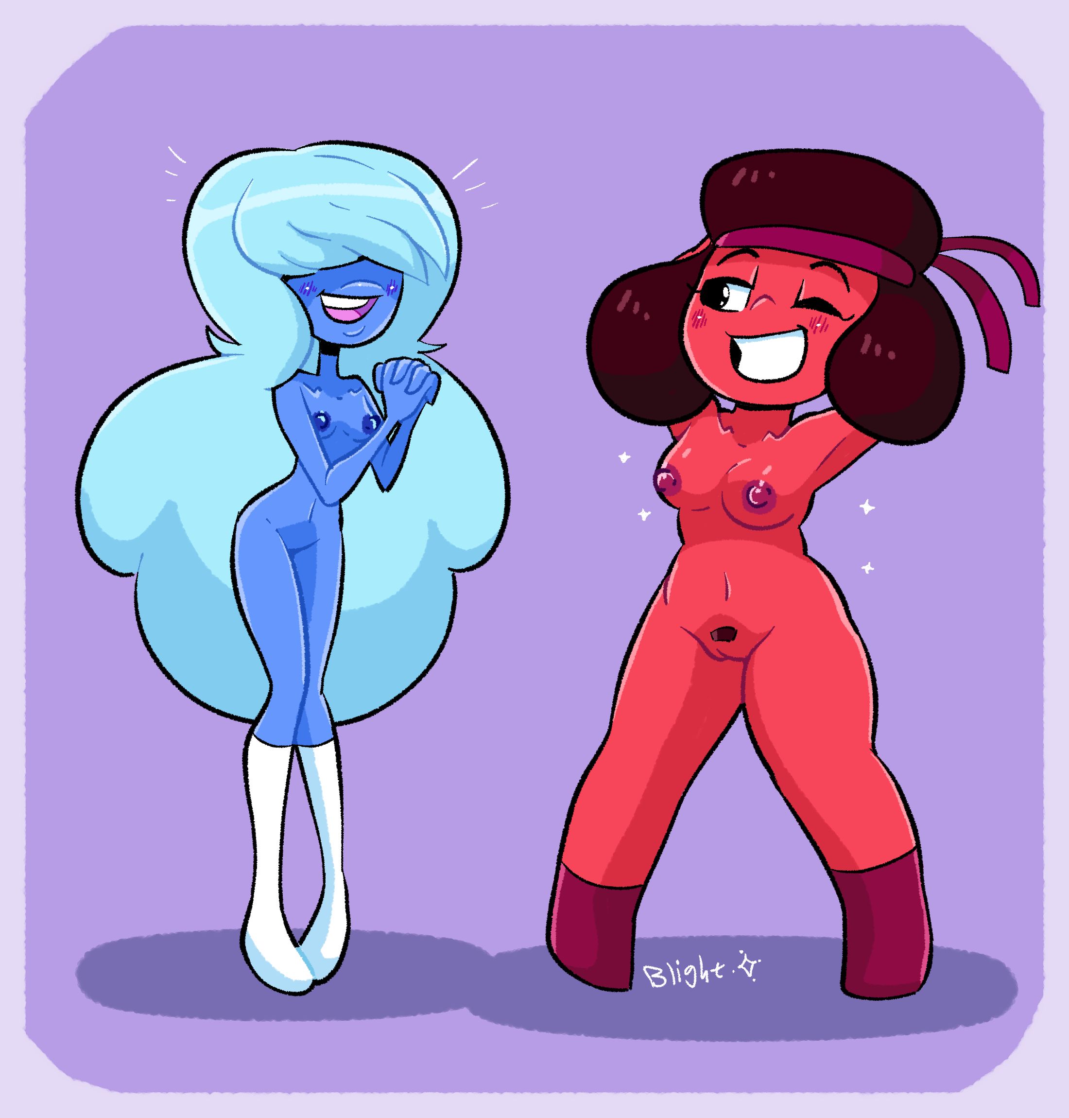 arms behind head, blightstar, blue body, breast size difference, breasts, canon couple, clasped hands, cute, excited, female, female only, fingers interlocked, gem (species), hair over one eye, long hair, medium breasts, medium hair, naked, nipples, posing, pubic hair, pussy, red body, ruby (steven universe), sapphire (steven universe), shoes, showing off, small breasts, smile, socks, steven universe, tagme, vagina, wink, yuri