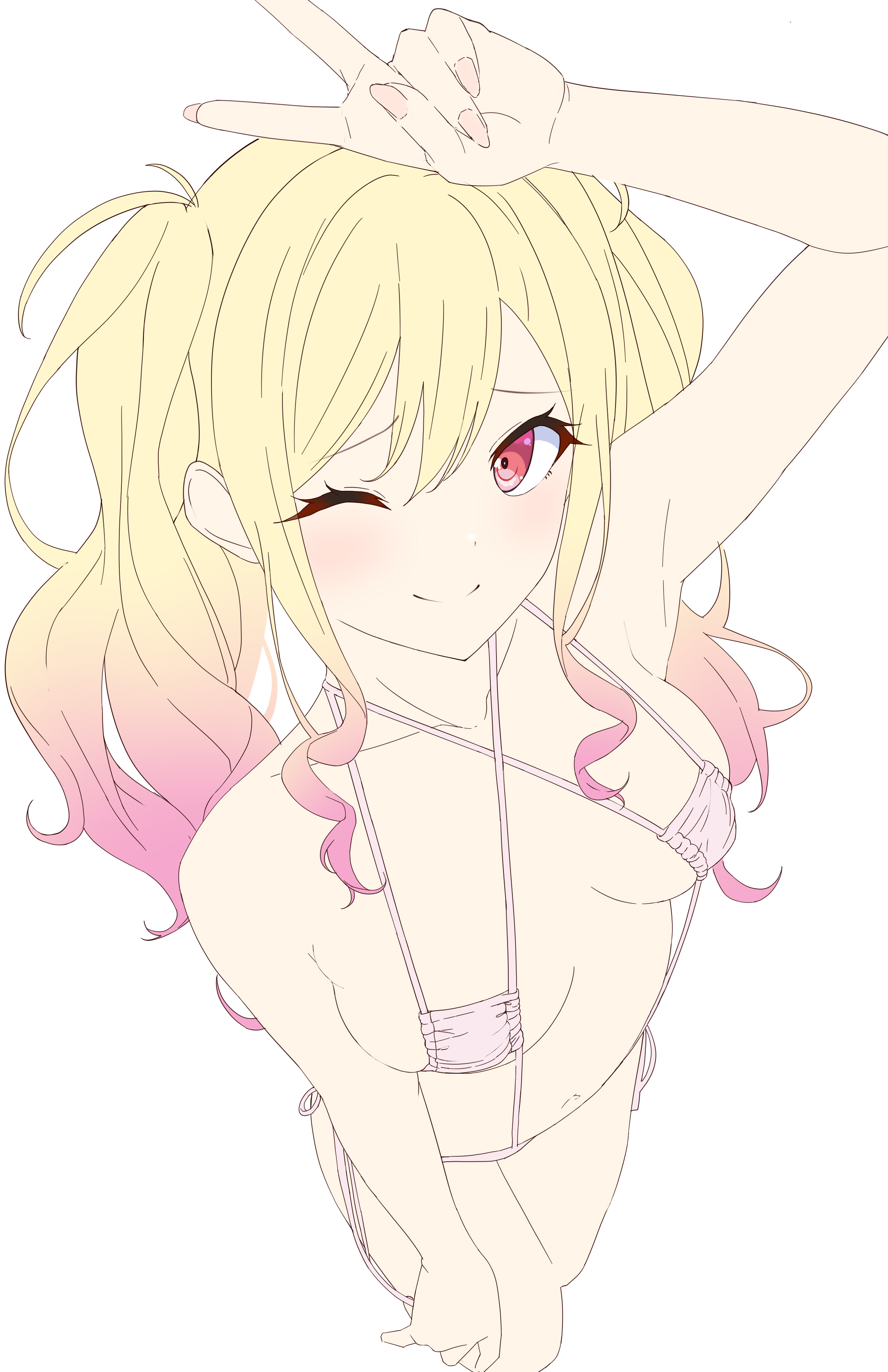 1girls, bikini, blonde hair, blush, breasts, eyepatch bikini, female, female only, gradient hair, hair between eyes, light skin, light-skinned female, long hair, medium breasts, multicolored hair, peace sign, pink eyes, pink hair, project sekai, simple background, smile, solo, swimsuit, tenma saki, tied hair, v, white background, zs0521