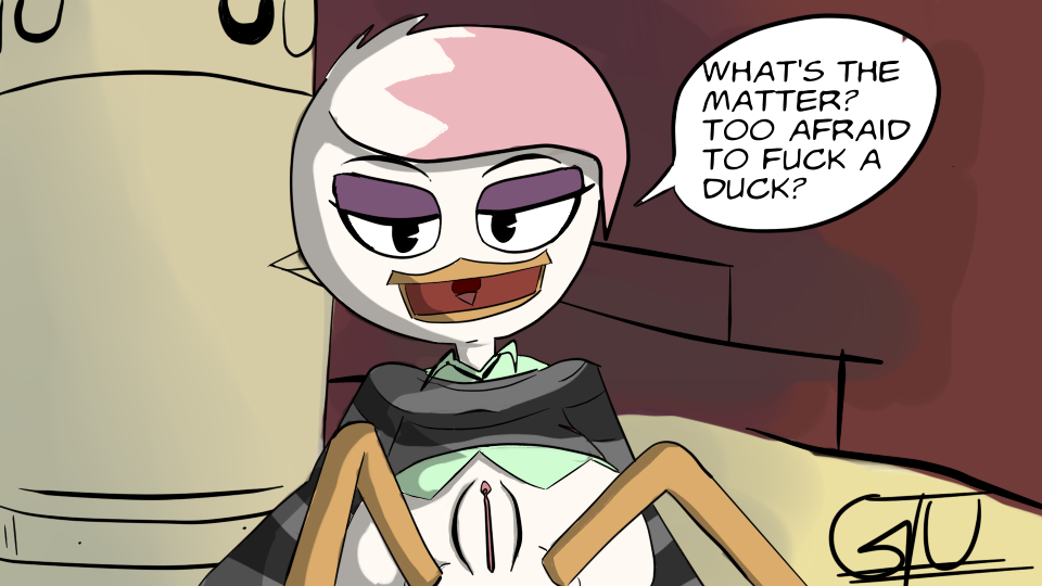 anthro avian bird bottomless clitoris clothed clothing dialogue disney duck ducktales ducktales_(2017) english_text eyebrows female half-closed_eyes lena_de_spell looking_at_viewer open_mouth presenting presenting_pussy pussy signature solo speech_bubble spread_legs spreading text