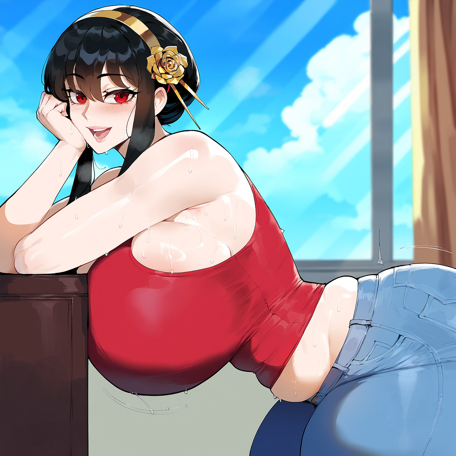 1girls, ai generated, ass, big ass, big breasts, black hair, breasts, female, jeans, juuicyai, light skin, light-skinned female, red eyes, satisfied, spy x family, sweaty body, sweaty breasts, thick ass, thick butt, thick legs, thick thighs, weird proportions, yor briar, yor forger