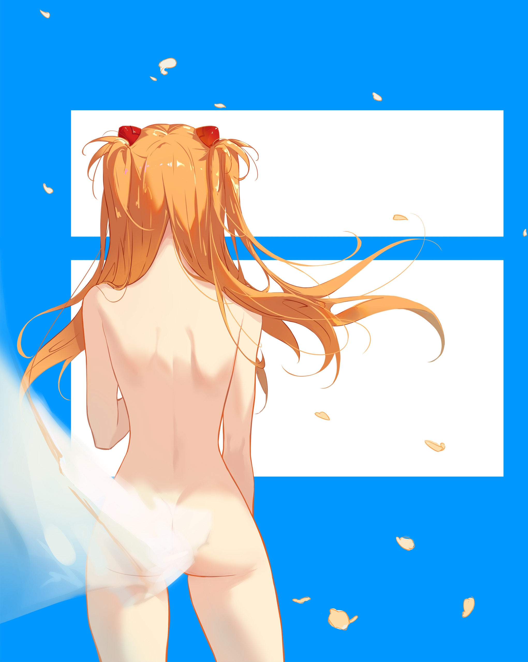 1girls, 1zayoihypoxia, absurdres, ass, asuka langley sohryu, back, blue background, completely nude, convenient censoring, curtains, facing away, falling petals, female, from behind, hairpods, highres, long hair, neon genesis evangelion, nude, orange hair, petals, shoulder blades, simple background, solo, souryuu asuka langley, thighs, two side up, very long hair, zenra