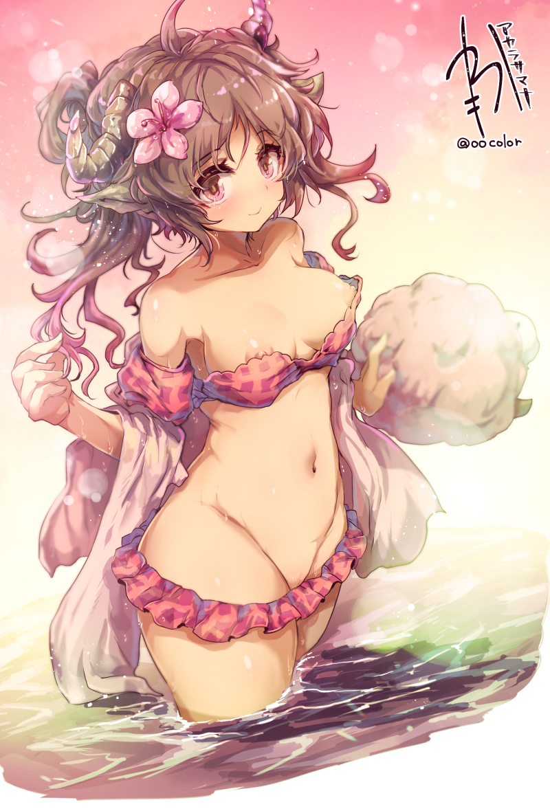 arknights breasts eyjafjalla_(arknights) female female_only kara_(color) nipple_slip swimsuit water