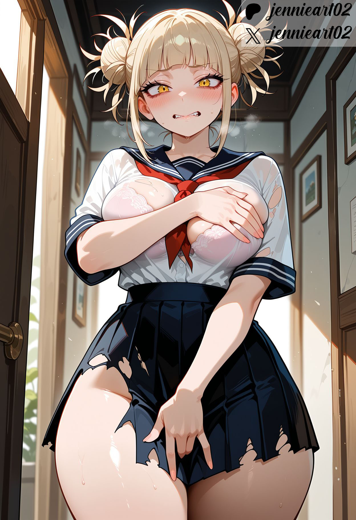 ai generated, bangs, black clothes, black skirt, blonde hair, blue sailor collar, blue skirt, blunt bangs, blush, boku no hero academia, bra, breasts, cleavage, clenched teeth, clothes lift, clothing, covering, covering crotch, covering privates, double bun, female, female only, hair bun, himiko toga, indoors, jennieart02, large breasts, legwear, looking at viewer, masturbation, messy hair, miniskirt, my hero academia, navel, neckerchief, neckwear, nipples, patreon, patreon logo, patreon username, pink bra, pleated skirt, red neckerchief, red neckwear, sailor collar, school uniform, see-through, serafuku, shirt, short sleeves, sidelocks, skirt, smile, solo, standing, sweat, teeth, thick thighs, thighs, toga himiko, torn clothes, torn shirt, twitter, twitter username, underwear, uniform, watermark, wet, wet clothes, white shirt, wide hips, window, yellow eyes