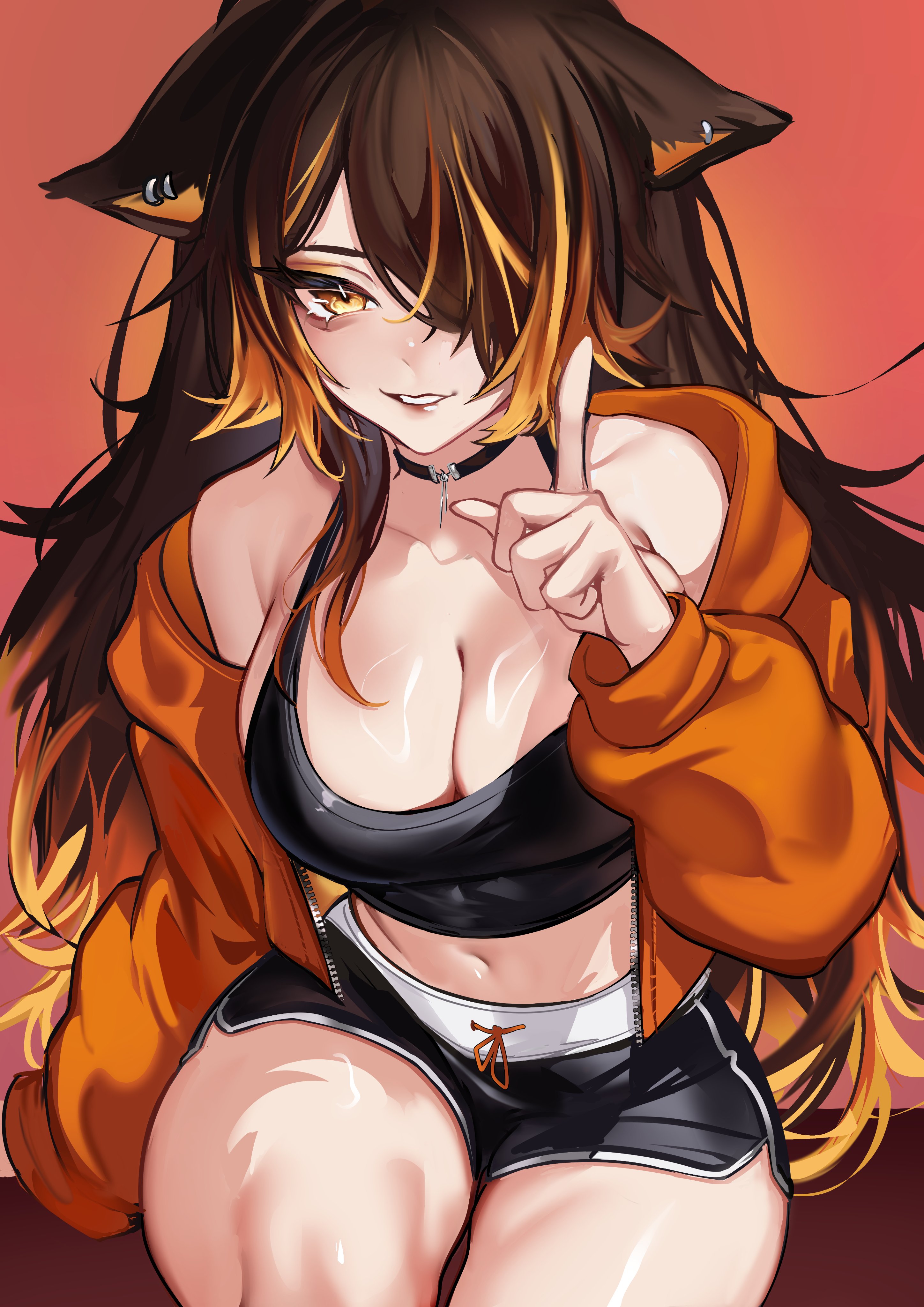 1girls, absurdres, animal ears, armpit crease, bare shoulders, black choker, black shorts, black tank top, breasts, brown hair, choker, cleavage, collarbone, commentary, crop top, dolphin shorts, english commentary, eyelashes, female, female only, grin, hair over one eye, hellhound, highres, hood, hood down, hooded jacket, index finger raised, indie virtual youtuber, jacket, large breasts, lips, long hair, long sleeves, looking at viewer, loungewear, messy hair, midriff, multicolored hair, navel, one eye covered, open clothes, open jacket, orange background, orange eyes, orange hair, orange jacket, short shorts, shorts, simple background, sinder (vtuber), sinder (vtuber) (pyro pajamas), sitting, smile, solo, streaked hair, suliavtuber, swept bangs, tank top, teeth, thick thighs, thighs, virtual youtuber, wolf, wolf ears, wolf girl