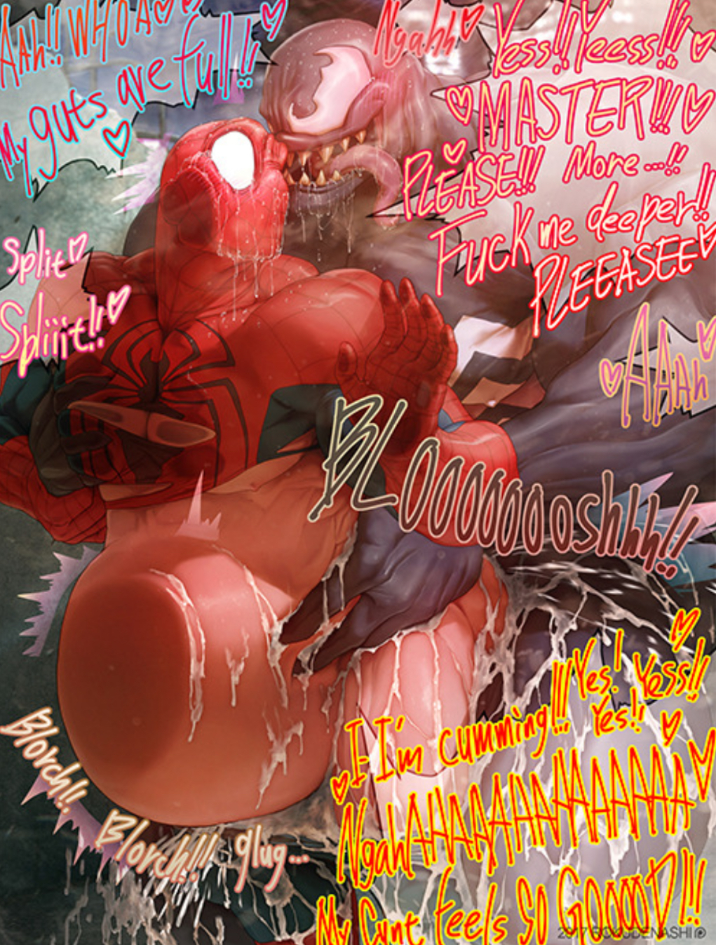 abs, ass, bara, biceps, cum, cum in ass, cum inside, dominant, dominant male, gay, gay male, inflation, male, male only, male penetrated, male penetrating, male/male, marvel, marvel comics, mask, masked male, mind break, muscular, muscular male, peter parker, raped, rokudenashi, spider-man, spider-man (series), stomach bulge, stomach deformation, submissive male, tongue, tongue out, venom (marvel), yaoi