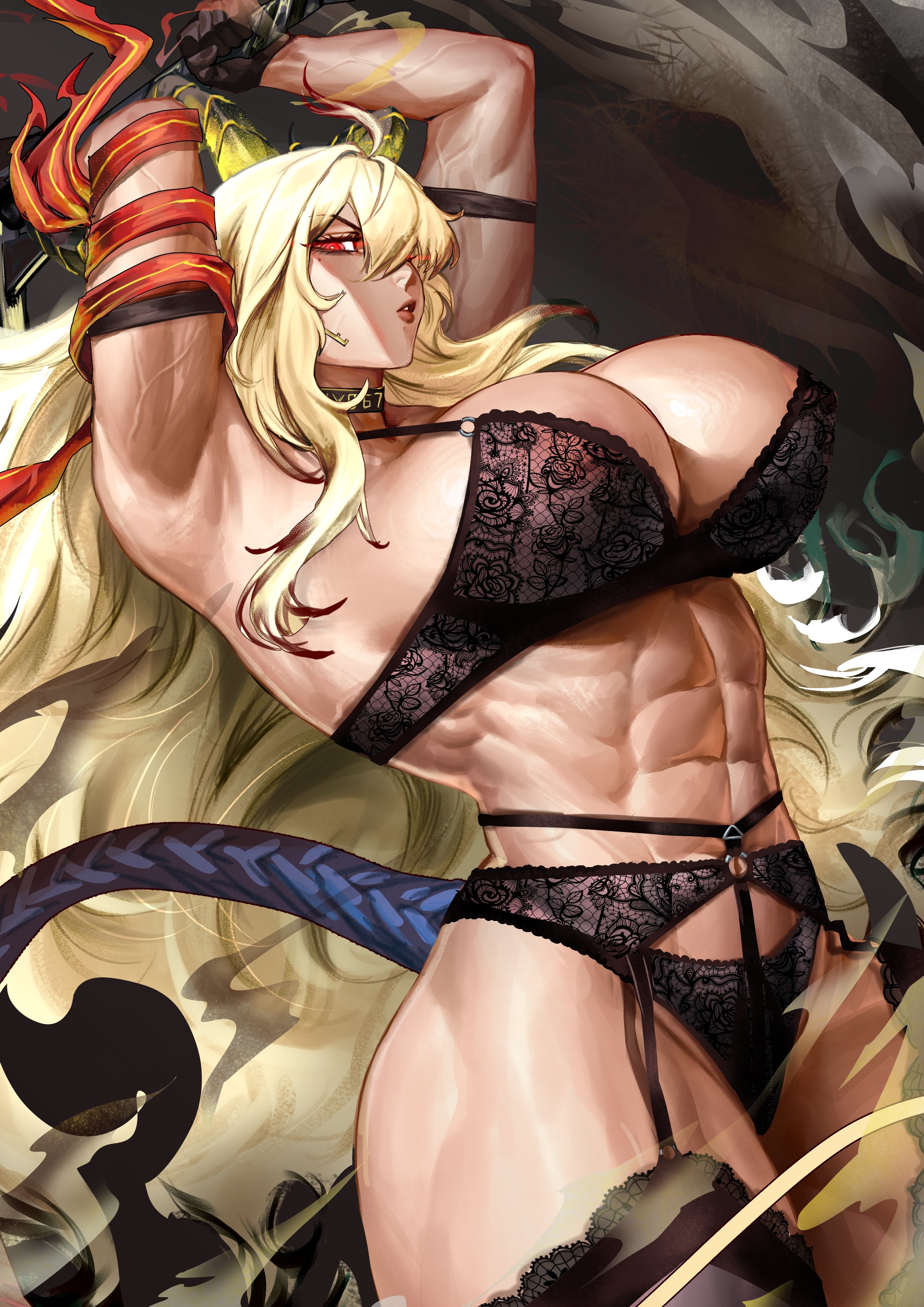 1girls, 2025, abs, areola slip, armpits, arms above head, arms up, big breasts, black lingerie, blonde hair, bra, breasts, busty, cleavage, clothed, clothed female, clothing, curvaceous, curvy, female, front view, garter belt, garter straps, hair, hair over one eye, hi res, humanoid, large breasts, legs together, legwear, light skin, light-skinned female, lingerie, long hair, looking at viewer, muscular, muscular female, panties, pink nipples, red eyes, solo, standing, stomach, tail, thick thighs, thighhighs, thighs, veiny arms, very long hair, virgoart1509, voluptuous, wide hips, wuthering waves, zani (wuthering waves)