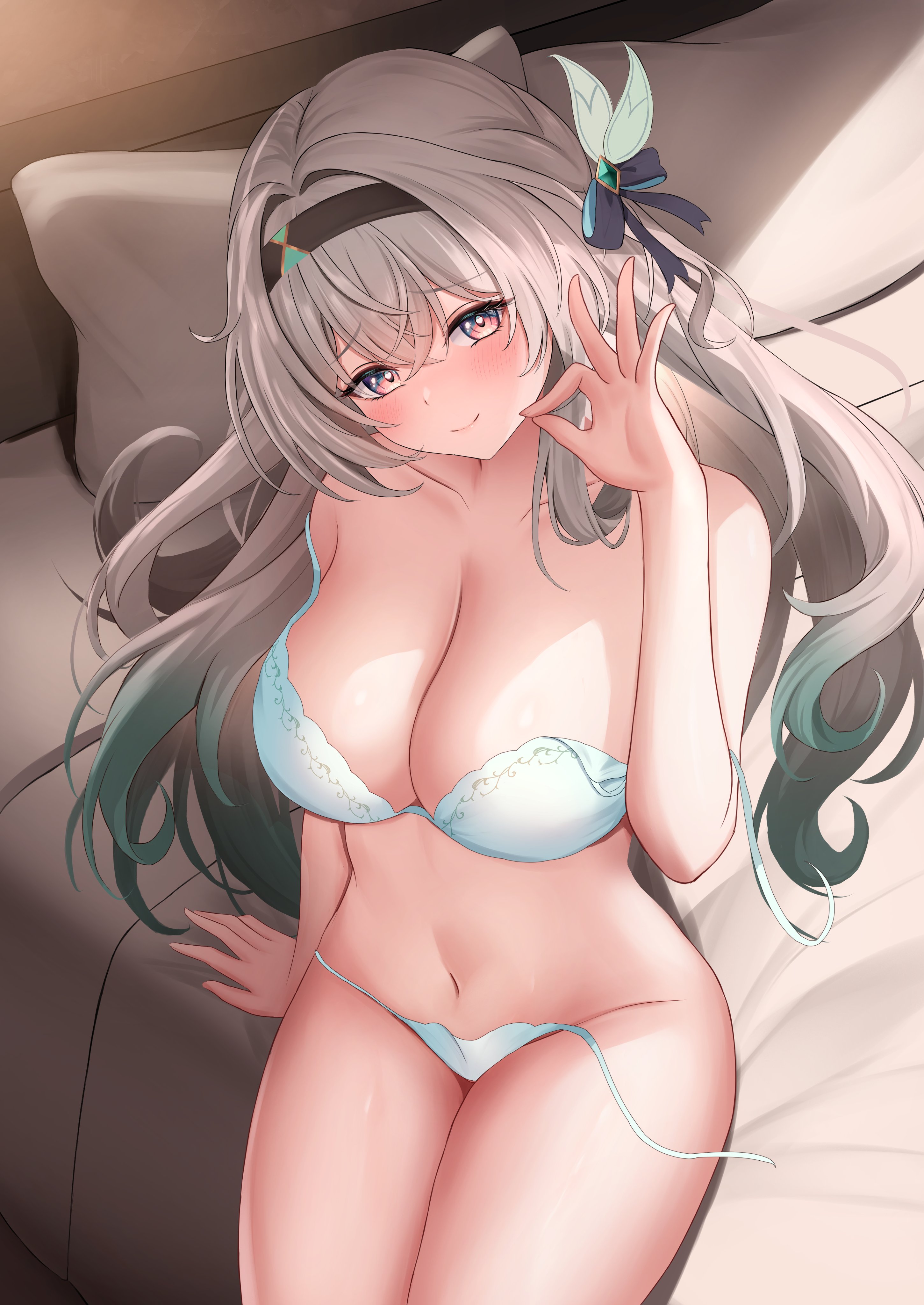 1girls, bed, bra, breasts, breasts out, female, firefly (honkai: star rail), honkai: star rail, hoyoverse, lingerie, lingerie only, lying on bed, mihoyo, multicolored eyes, multicolored hair, panties, shouhaku0512, white bra, white lingerie, white panties