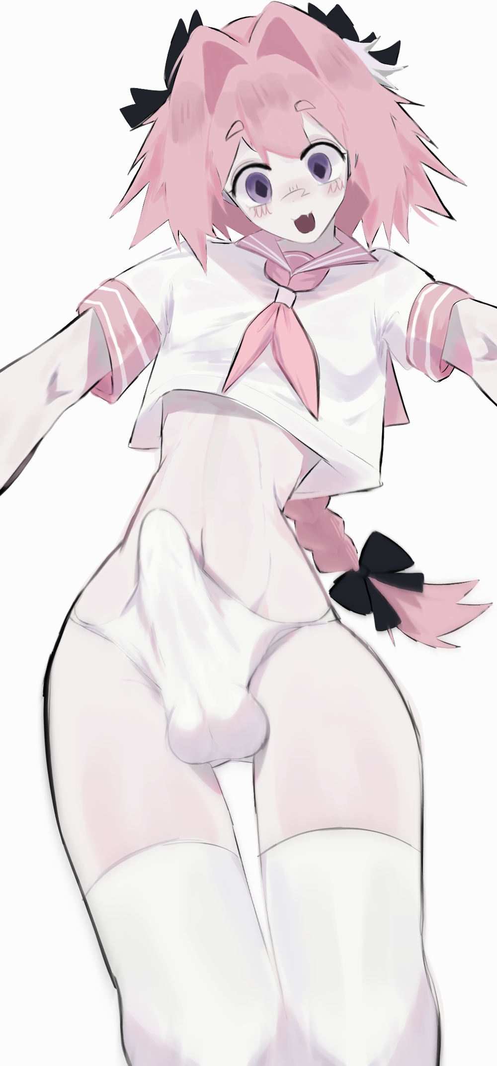 1boy, artist name, astolfo (fate), balls, bangs, before sex, big penis, black bow, blush lines, bottomless, braided hair, bulge, fate (series), fate/grand order, femboy, half naked, high resolution, highlights, highres, light skin, light-skinned male, looking at viewer, looking down, male, male only, panties, penis, pink hair, pink uniform, purple eyes, ribbons, school uniform, skin fang, smile, smiley face, solo, spiky hair, standing, thighhighs, white highlights
