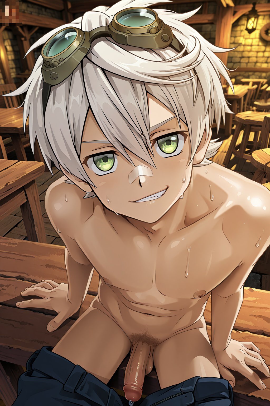 1boy, ai generated, balls, bennett (genshin impact), cock, dick, gay, genshin impact, green eyes, indoor, indoors, looking at viewer, male, male only, penis, precum, precum drip, pubic hair, sitting, smile, smiling, smiling at viewer, solo, solo male, sweat, tagme, tavern, testicles, white hair, white-haired male, yaoi