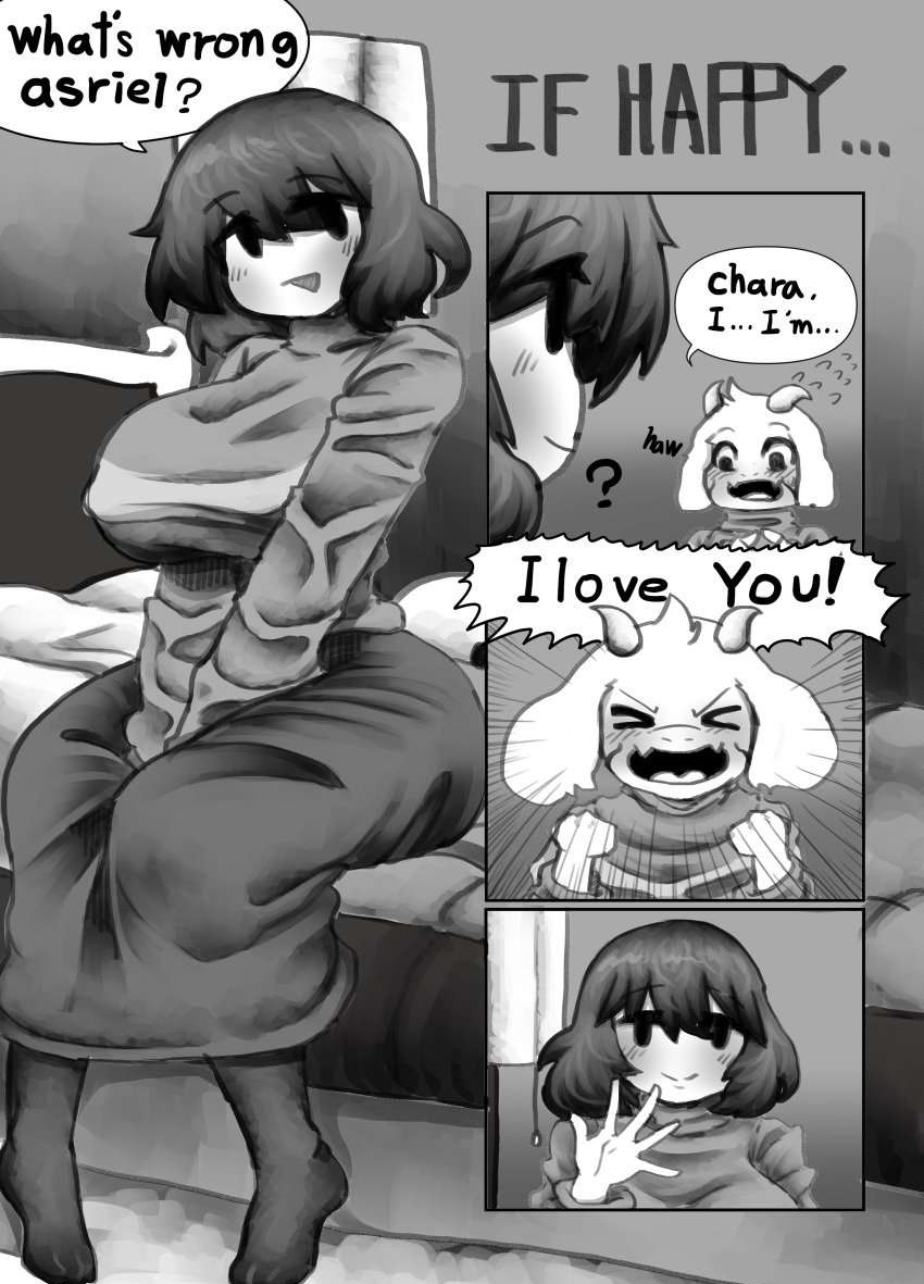 adoptive siblings, aged up, anthro, asriel dreemurr, bedroom, chara, comic, female, female chara, floppy ears, fluffy hair, furry, furry male, horns, human, human female, if happy, love confession, male, more chasriel, nervous, no sex, no sex (yet), repost, rosy cheeks, short hair, sweatdrop, undertale, undertale (series), voluptuous female, white fur, whitewo1f