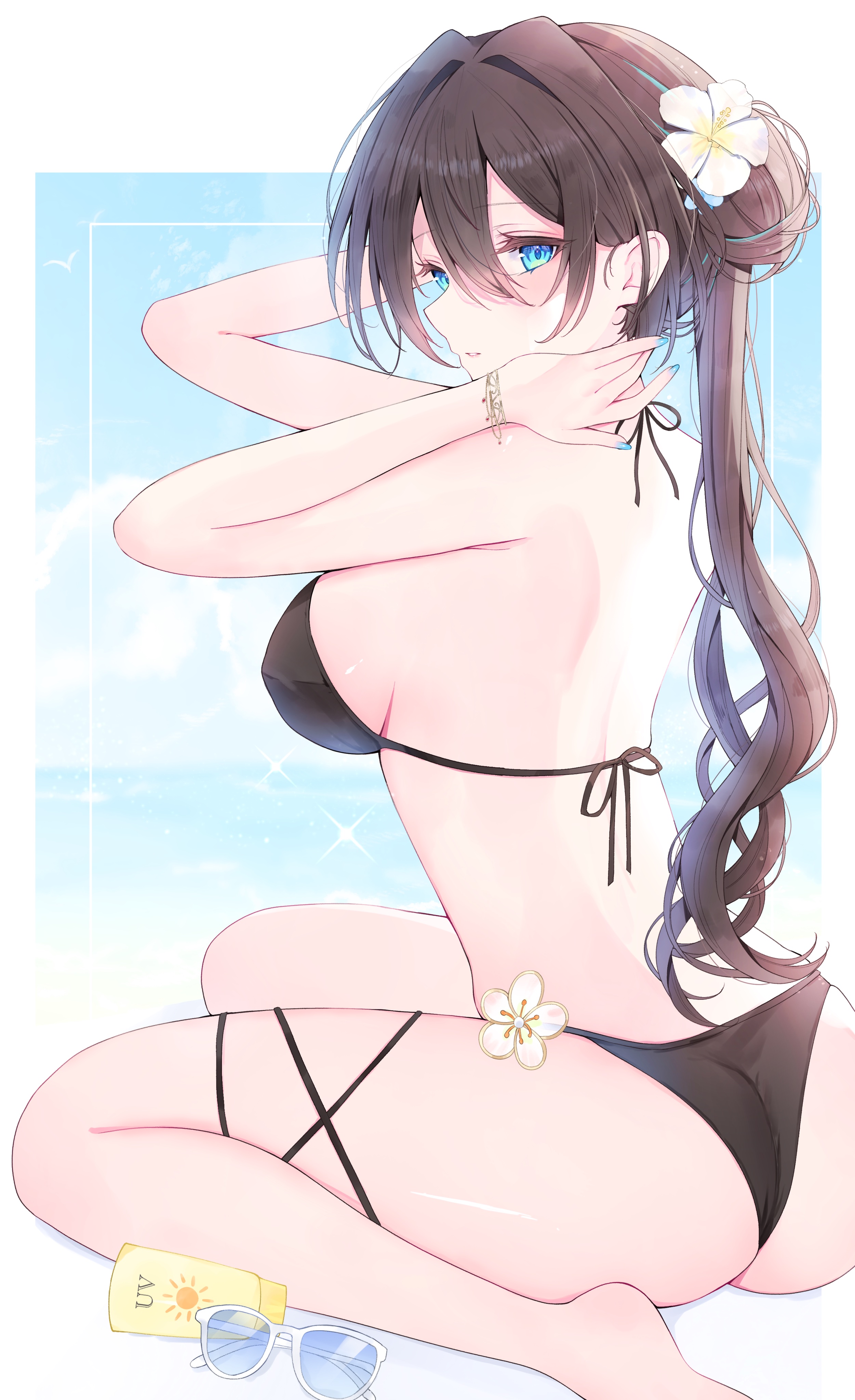 1girls, ass, black hair, black swimsuit, blue eyes, breasts, eyewear removed, feet, female, flower in hair, honkai: star rail, hoyoverse, long hair, mihoyo, ponytail, ruan mei (honkai: star rail), sideboob, sunglasses, sunscreen, swimsuit, tsuyurieri1228