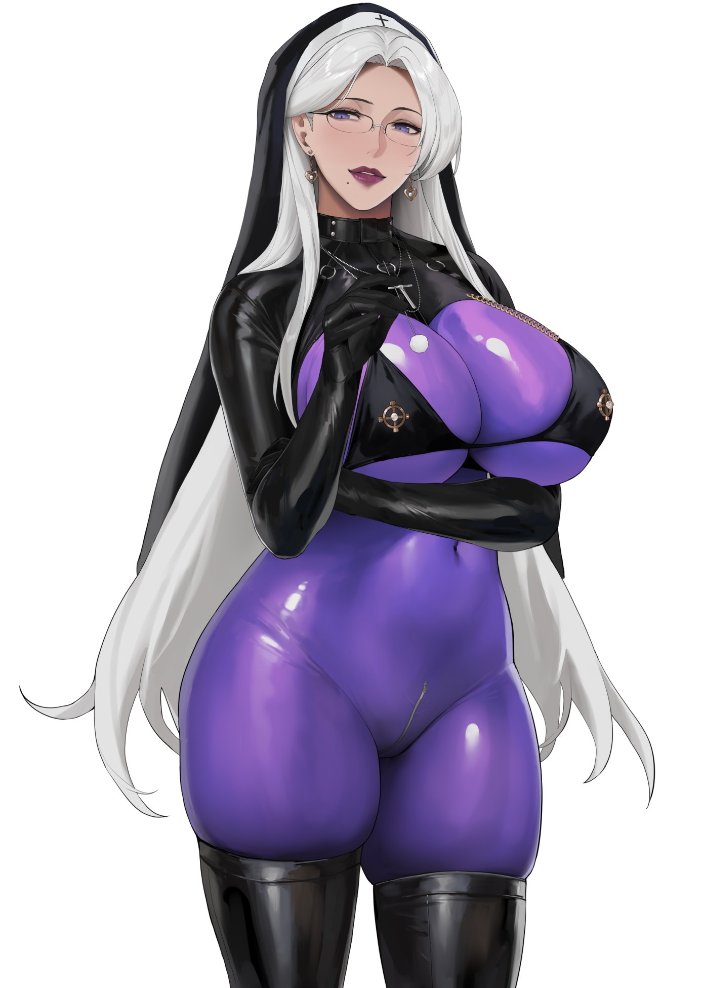 1girls, 2025, aliosarvin, arm under breasts, arms under breasts, big breasts, black bra, black gloves, black thighhighs, bodysuit, bra, breasts, cowboy shot, crotch zipper, earrings, female, female only, glasses, gloved sleeves, gloves, heart, heart earrings, hi res, highres, impossible bodysuit, impossible clothes, jewelry, latex, latex bodysuit, latex legwear, latex thighhighs, lipstick, long hair, looking at viewer, mature female, milf, mole, mole under mouth, nun, nun hat, nun outfit, original, parted lips, purple bodysuit, purple eyes, rectangular eyewear, simple background, skinsuit, smiling, smiling at viewer, solo, taimanin suit, thick thighs, thigh squish, thighhighs, underwear, very long hair, white background, white hair, wide hips