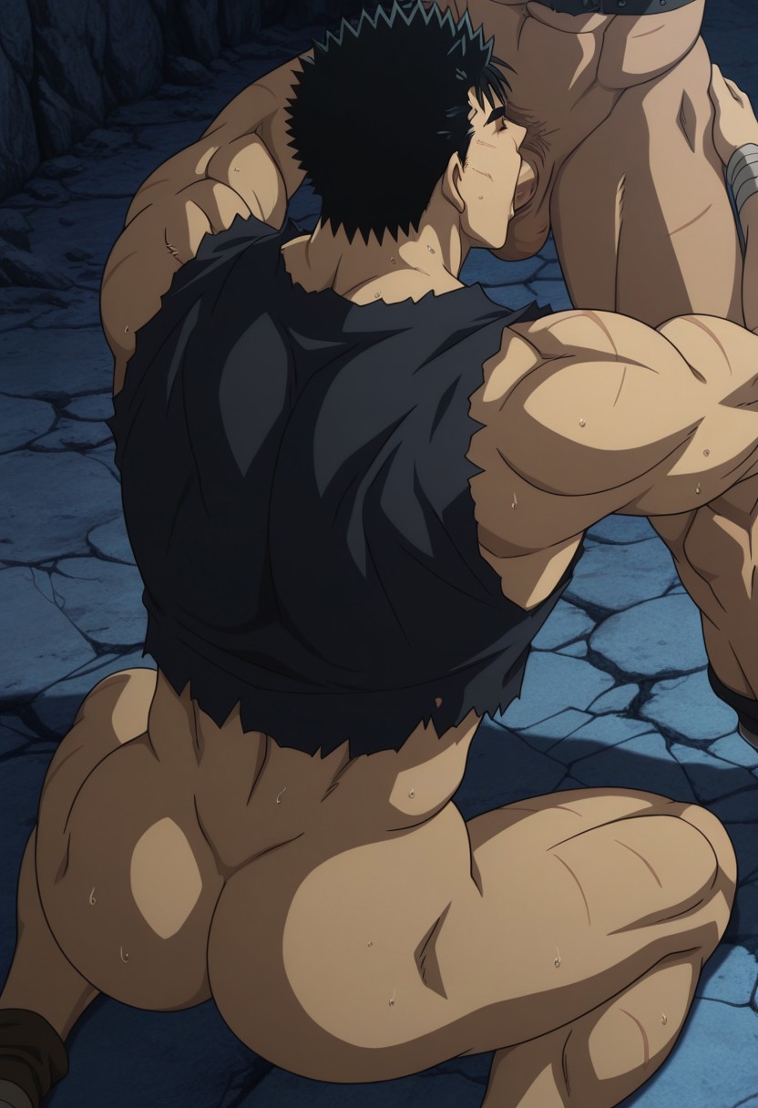 1boy, abs, ai generated, ass, balls, bara, bed, berserk, big sub, big sub small top, black hair, blowjob, bottoming, close up, closed eyes, deepthroat, fellatio, focus, gay, gay blowjob, gay sex, guts (berserk), human, irrumatio, juicy bara, large ass, large pectorals, large thighs, male, male focus, masculine, masculine male, masturbation, muscular, muscular bottom, muscular chest, muscular male, navel, nipples, nude, on back, on bed, one eye closed, pectorals, penis, pillow, receiving pov, role reversal, scar, short hair, small dom big sub, solo, stomach, submissive, submissive male, sucking penis, sweat, thick eyebrows, thick thighs, thighs, uncensored, yaoi