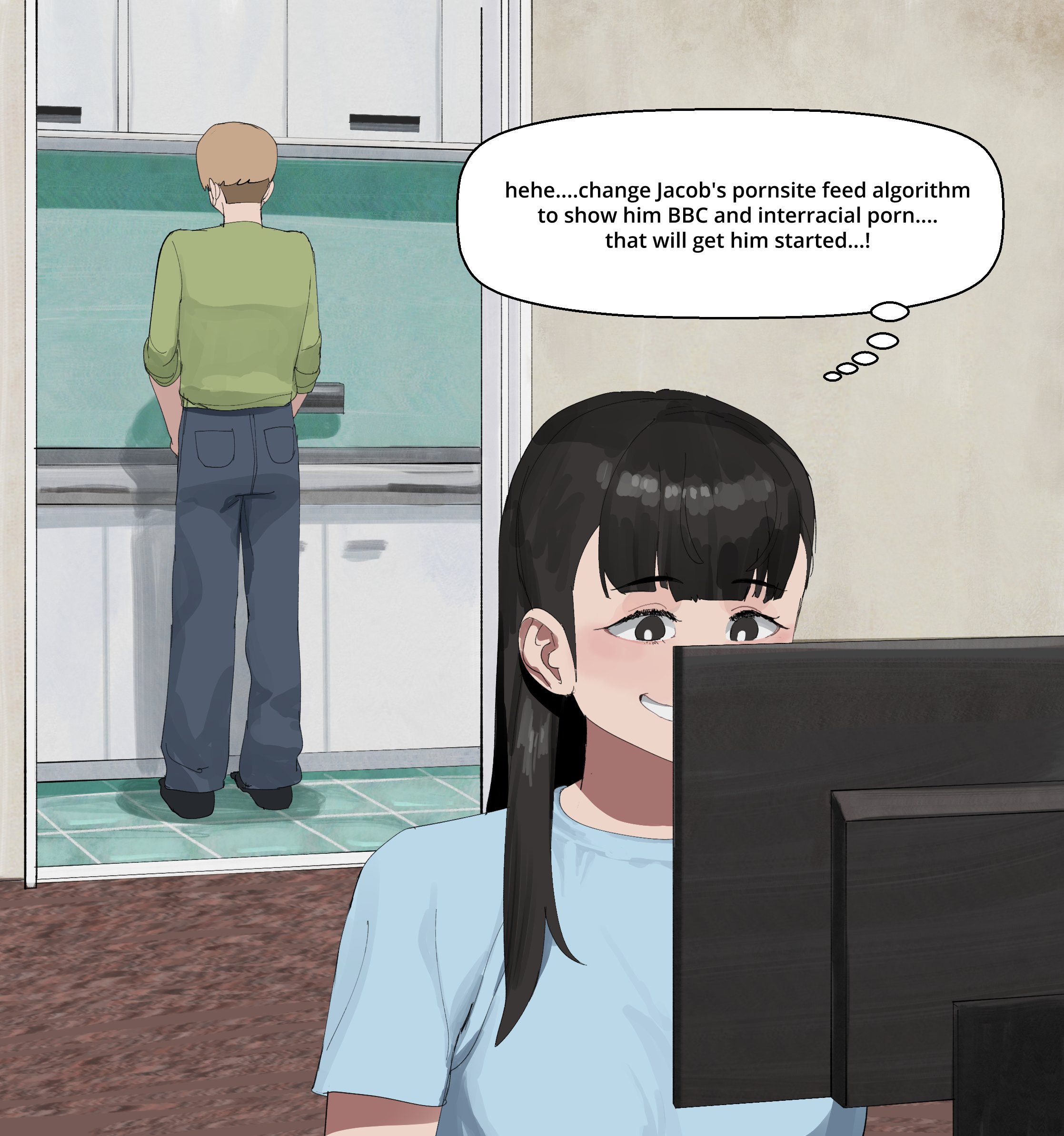 1boy, 1girls, 2025, big breasts, black hair, breasts, cheating, cheating girlfriend, dialogue, english text, female, hi res, high resolution, highres, light skin, light-skinned female, light-skinned male, long hair, male, ntr, oc, original, original characters, sneaky, text, washing dishes, wjs07