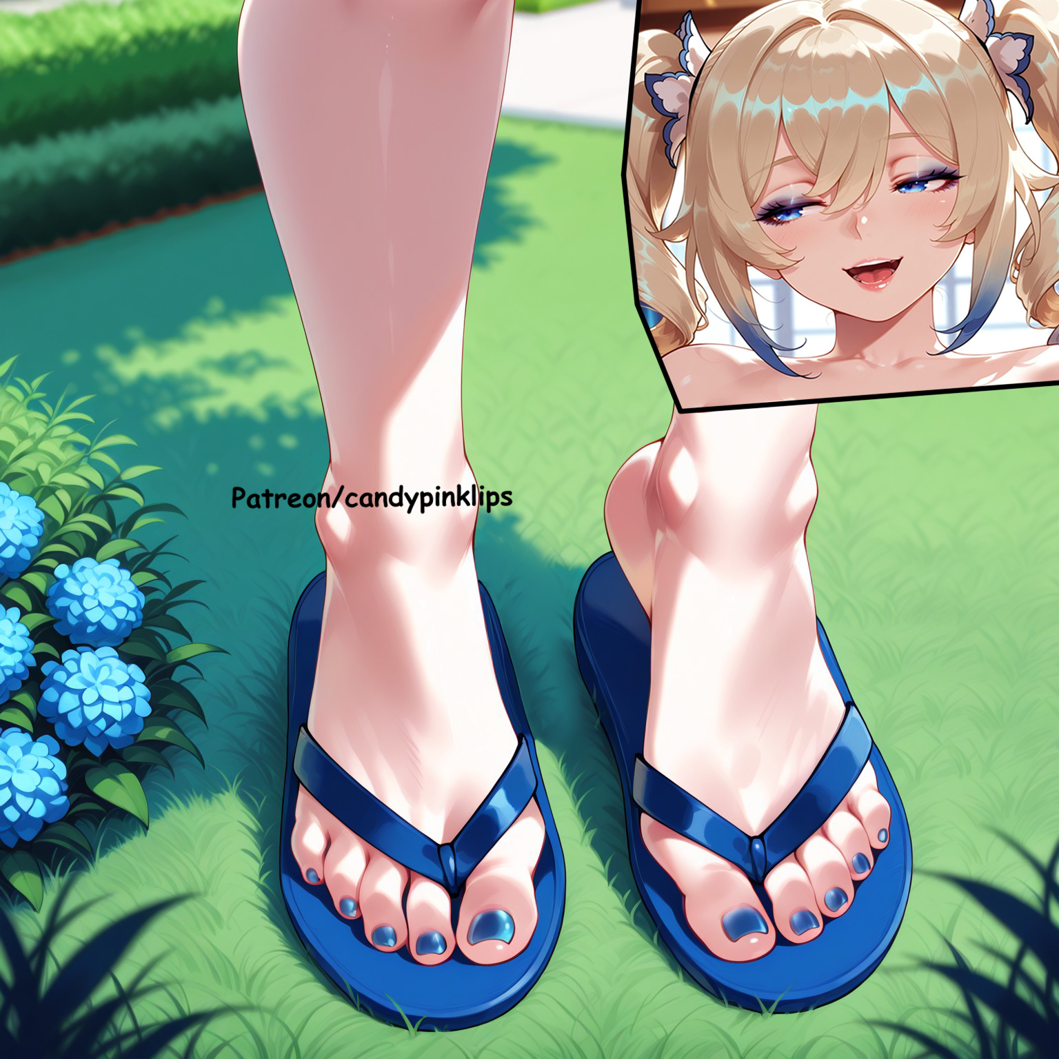 ai generated, barbara (genshin impact), blonde hair, blue eyes, blue toenails, candypinklips, feet, female, flip flops, foot fetish, foot focus, genshin impact, half-closed eyes, long hair, looking to the side, on grass, presenting feet, short hair, standing, thick legs, toes, watermark