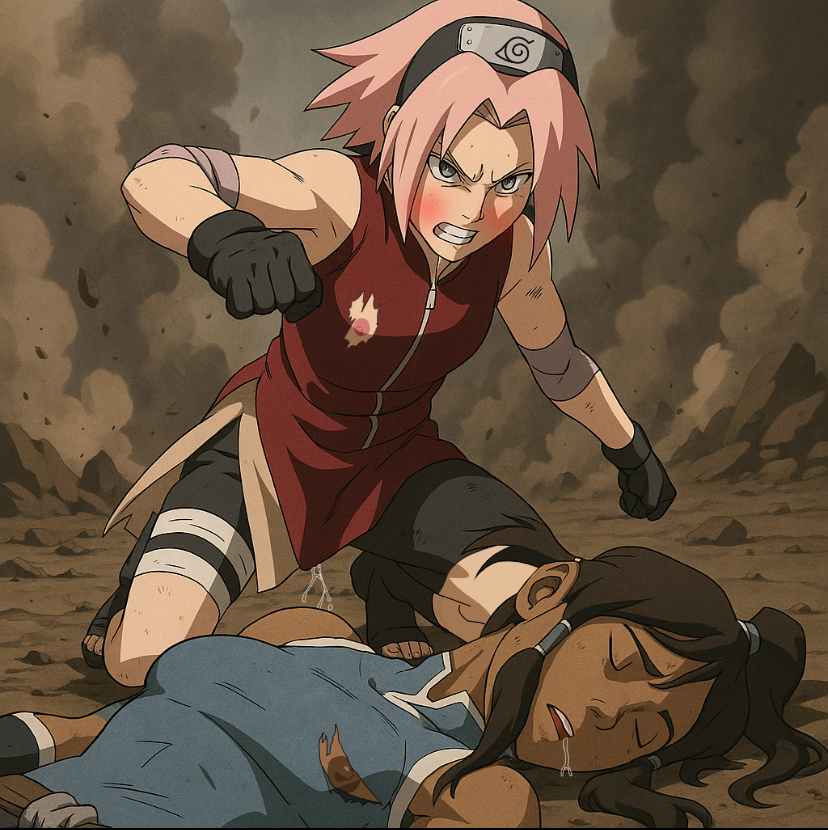 ai_generated angry_face anime avatar_the_last_airbender benders black_legwear blue_dress blush blushing boots breasts brown_hair clothed crouching_female dark-skinned_female defeated defeated_heroine dripping_pussy drooling female female_only fight fighting green_eyes headband imminent_attack knocked_out korra laying_on_back light-skinned_female loser naruto_(series) naruto_shippuden ninja ninja_headband nipples pink_hair punching qipao_dress red_dress ripped_clothing sakura_haruno sleeping the_legend_of_korra thick_ass tied_hair unconscious unconscious_female winner yuri