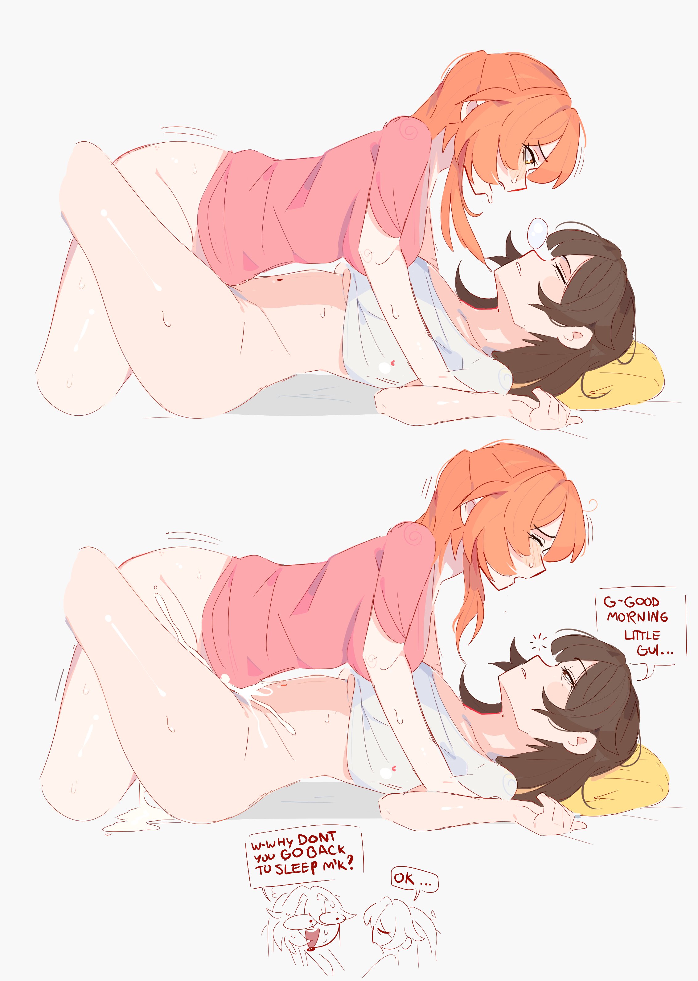 1futa, 1girls, asleep, blush, brown hair, creampie, cum, cum in pussy, cum inside, cum overflow, cumming while penetrating, cute, dialogue, female, female/female, flustered, futa on female, futa penetrating, futa with female, futa/female, futanari, guinaifen (honkai: star rail), half naked, honkai: star rail, hoyoverse, infamcantaloupe, intersex, light skin, light-skinned female, light-skinned futa, orange hair, overflowing cum, penetration, pink shirt, pussy, shirt, shirt lift, sleep sex, sleeping, snoring, somnophilia, sushang (honkai: star rail), unfamousradish, vaginal penetration, waking up, white female, white shirt