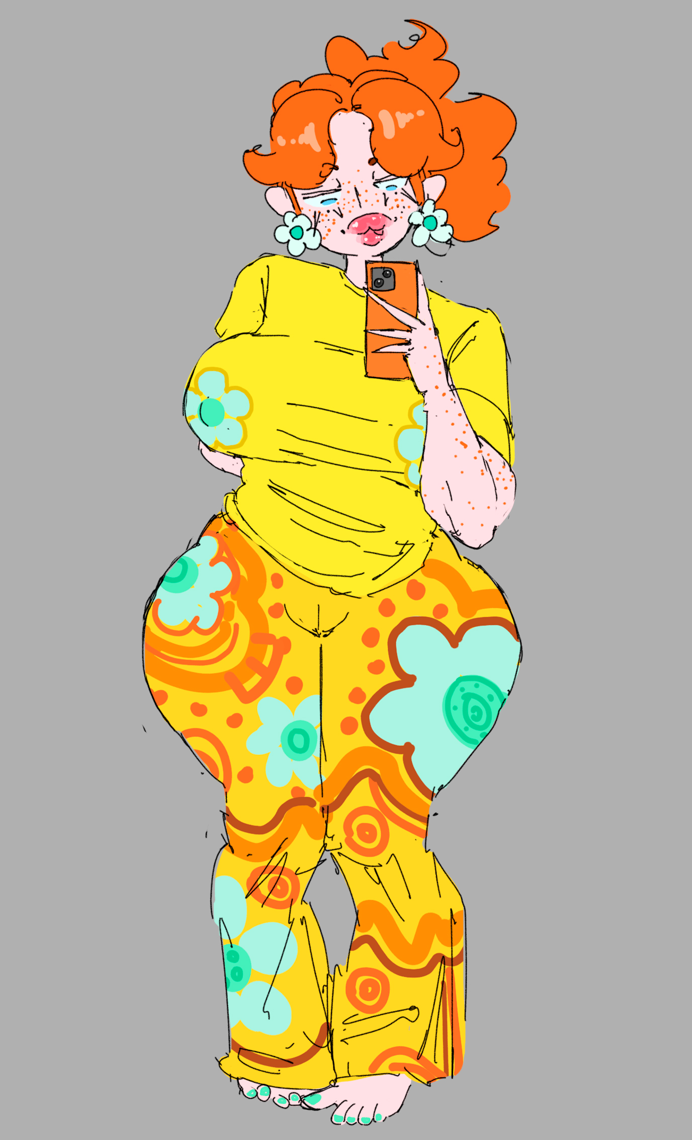 1girls, 2d, 2d (artwork), 2d artwork, adych, big breasts, big hips, big thighs, bimbo, bimbo body, bimbo lips, breasts, camel toe, cameltoe, clothed female, clothes, clothing, color, colored, colored sketch, ear piercing, ear ring, ear rings, earring, earrings, female, female focus, female only, flowers, freckles, freckles on arms, freckles on face, grey background, hips, huge boobs, huge breasts, huge hips, huge thighs, light body, light skin, light-skinned female, lips, looking at object, mario (series), orange hair, orange-haired female, pale, pale body, pale skin, pale-skinned female, pattern clothing, pattern legwear, phone, pierced ear, pierced ears, piercing, piercings, princess, princess daisy, pussy, selfie, selfie pose, sketch, solo, solo female, solo focus, tagme, thick hips, thick thighs, thighs, tight clothes, tight clothing, tight pants, tongue, tongue out, wide hips, wide thighs, yoga pants