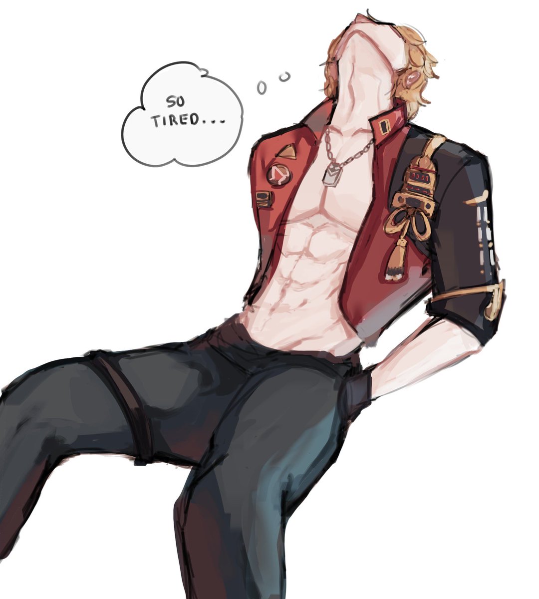 1boy 2022 abs blonde_hair clothed clothed_male clothing dog_tags english_text front_view genshin_impact hair hands_in_pockets head_back head_tilt head_tilted_back human legs_apart light-skinned_male light_skin looking_up male male_only muscular muscular_male necklace open_clothes open_shirt short_hair simple_background sitting solo stomach text thoma_(genshin_impact) thought_bubble tired white_background