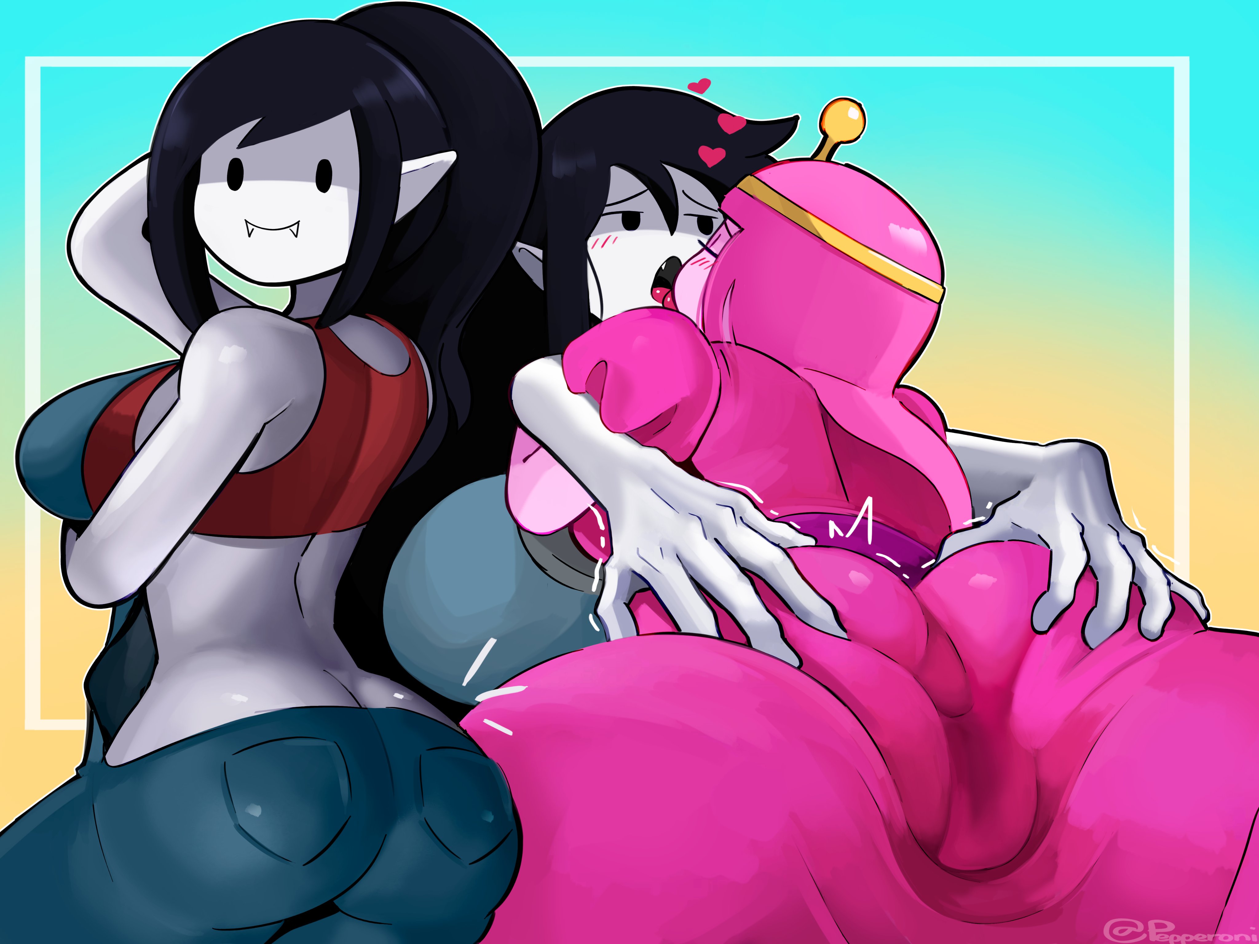 2girls, adventure time, ass, ass cleavage, ass crack, ass grab, ass in dress, black hair, butt crack, canon couple, female, grabbing ass, grey body, huge ass, kissing, lesbian, marceline, pepperoni ravioli, pink body, pink hair, princess bubblegum, tongue kiss, vampire, vampire girl, yuri