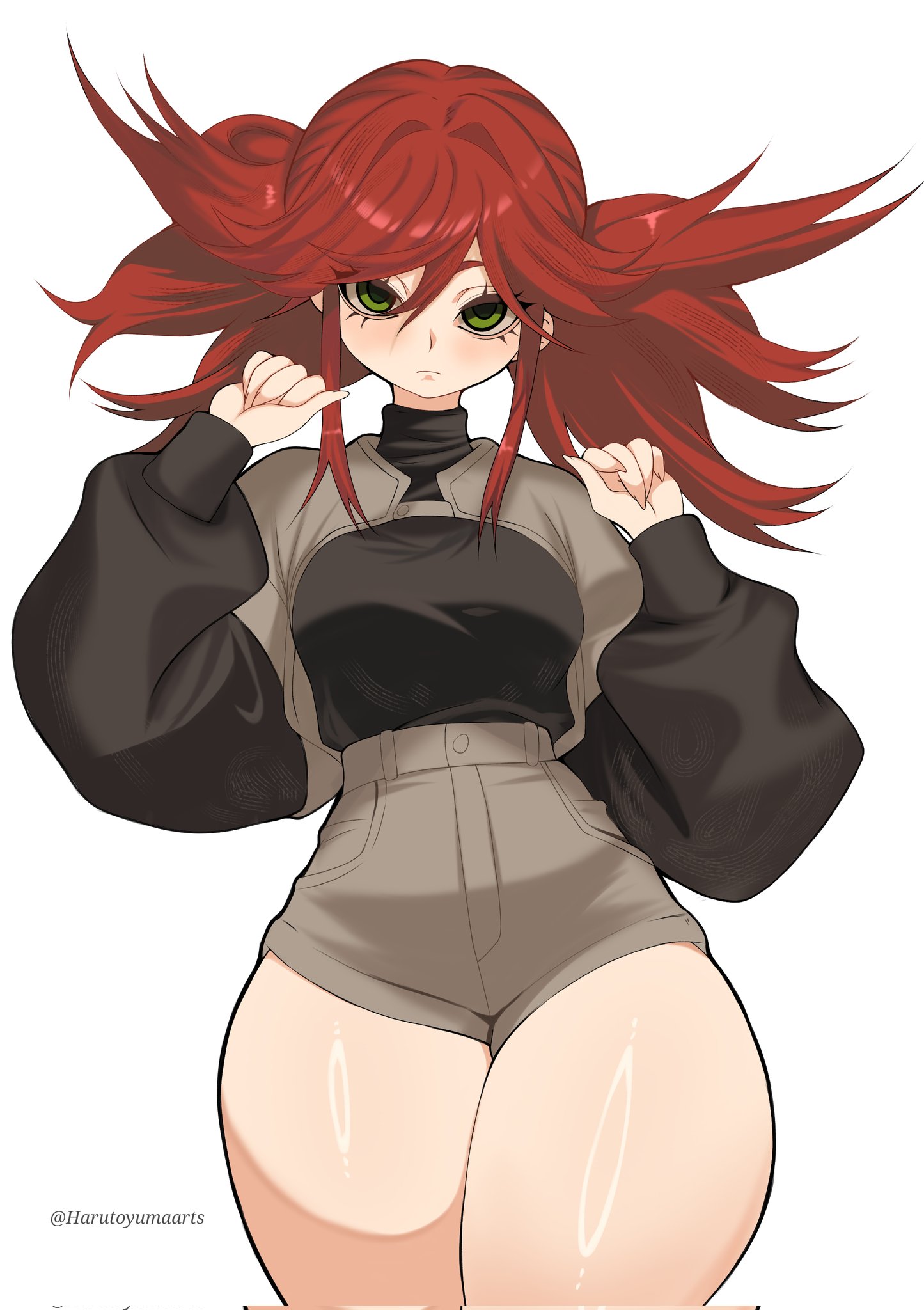 1girls, big ass, clothed, clothing, female, gachiakuta, green eyes, harutoyumaarts, looking at viewer, red hair, riyou reaper, shorts, solo, solo female, thick thighs, thighs, waist
