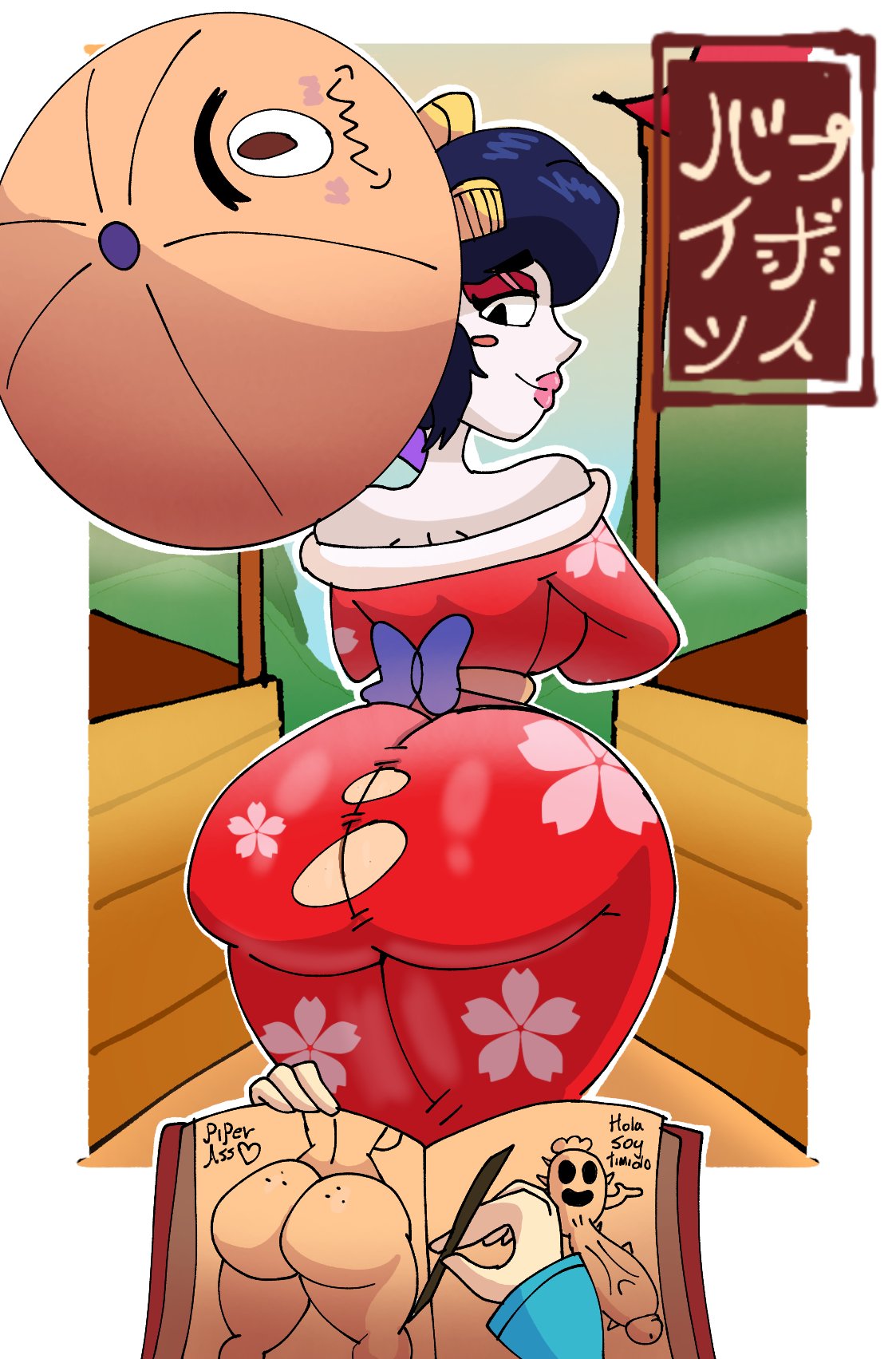 2025 2girls ass bapzey_bot_(artist) big_ass big_butt black_hair brawl_stars bubble_butt butt colette_(brawl_stars) drawing dress female female_only holding_object holding_pen huge_ass human japanese_text light-skinned_female light_skin piper_(brawl_stars) ripped_clothing round_ass tagme thick_thighs tight_clothing tight_dress umbrella